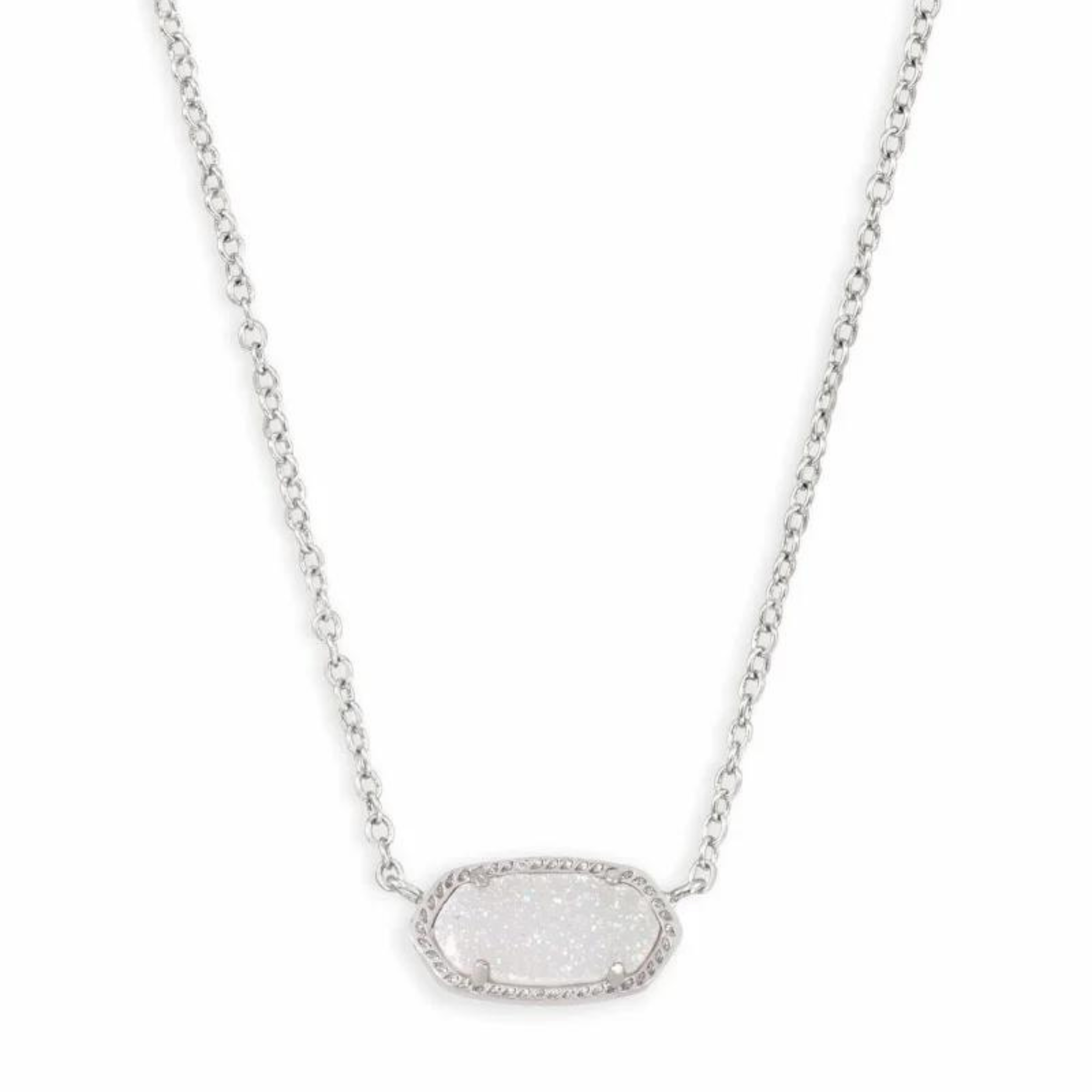 Silver necklace with iridecent drusy stone pictured on a white background.