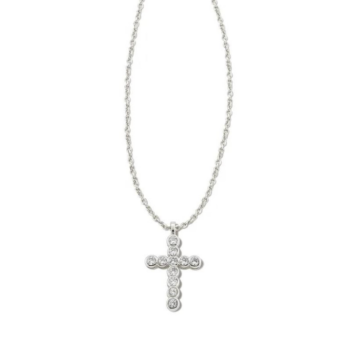 Silver necklace with white crystal cross pendant, pictured on a white background.