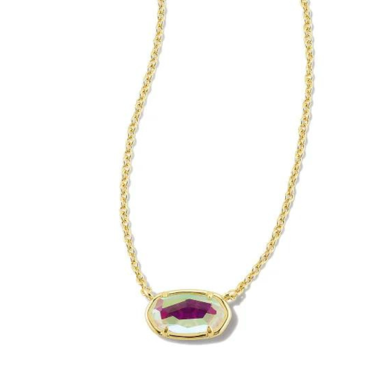 Gold necklace with dichroic glass pendant, pictured on a white background.