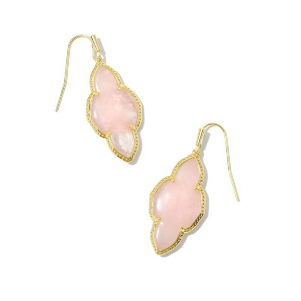 Gold drop earrings in a quatrefoil shape with rose quartz stone, pictured on a white background.
