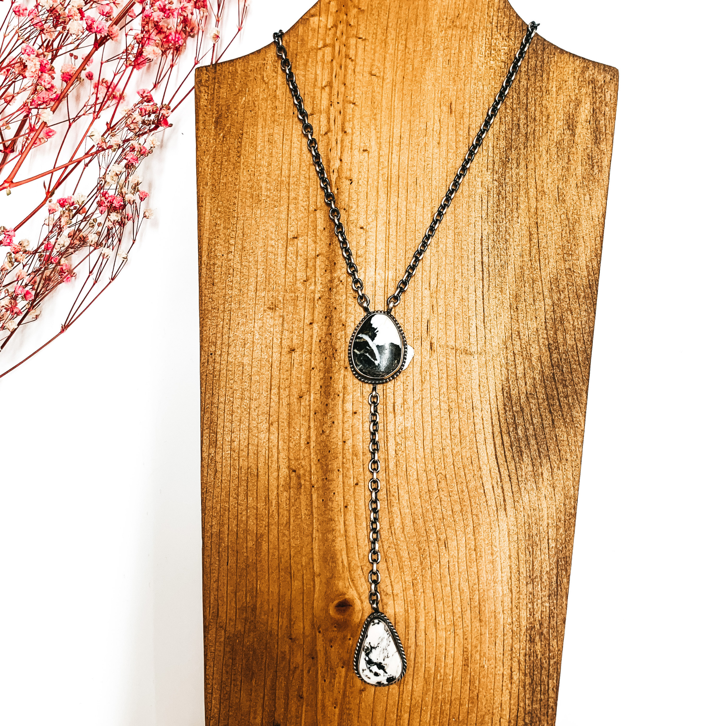 Tim Smith | Navajo Handmade Sterling Silver Lariat Necklace with White Buffalo Stones - Giddy Up Glamour Boutique