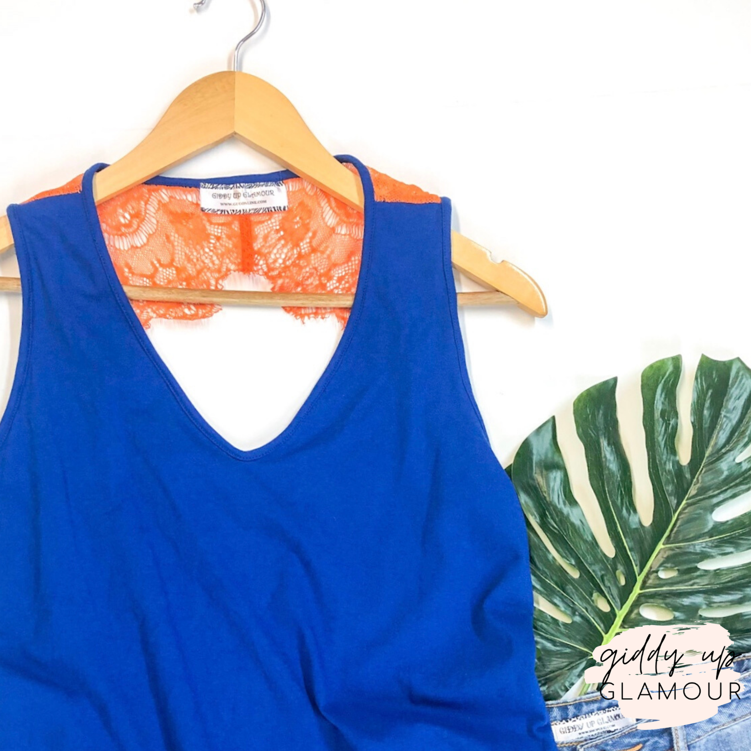 Last Chance Size Small | Open Back Tank Top with Orange Lace Detailing in Royal Blue - Giddy Up Glamour Boutique