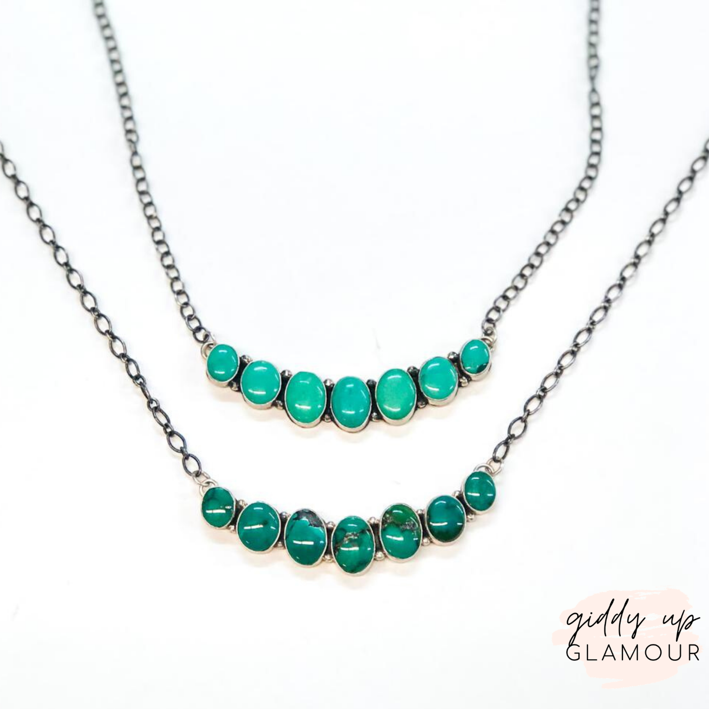 P Yazzie | Navajo Handmade Sterling Silver Seven Stone Turquoise Necklace - Giddy Up Glamour Boutique
