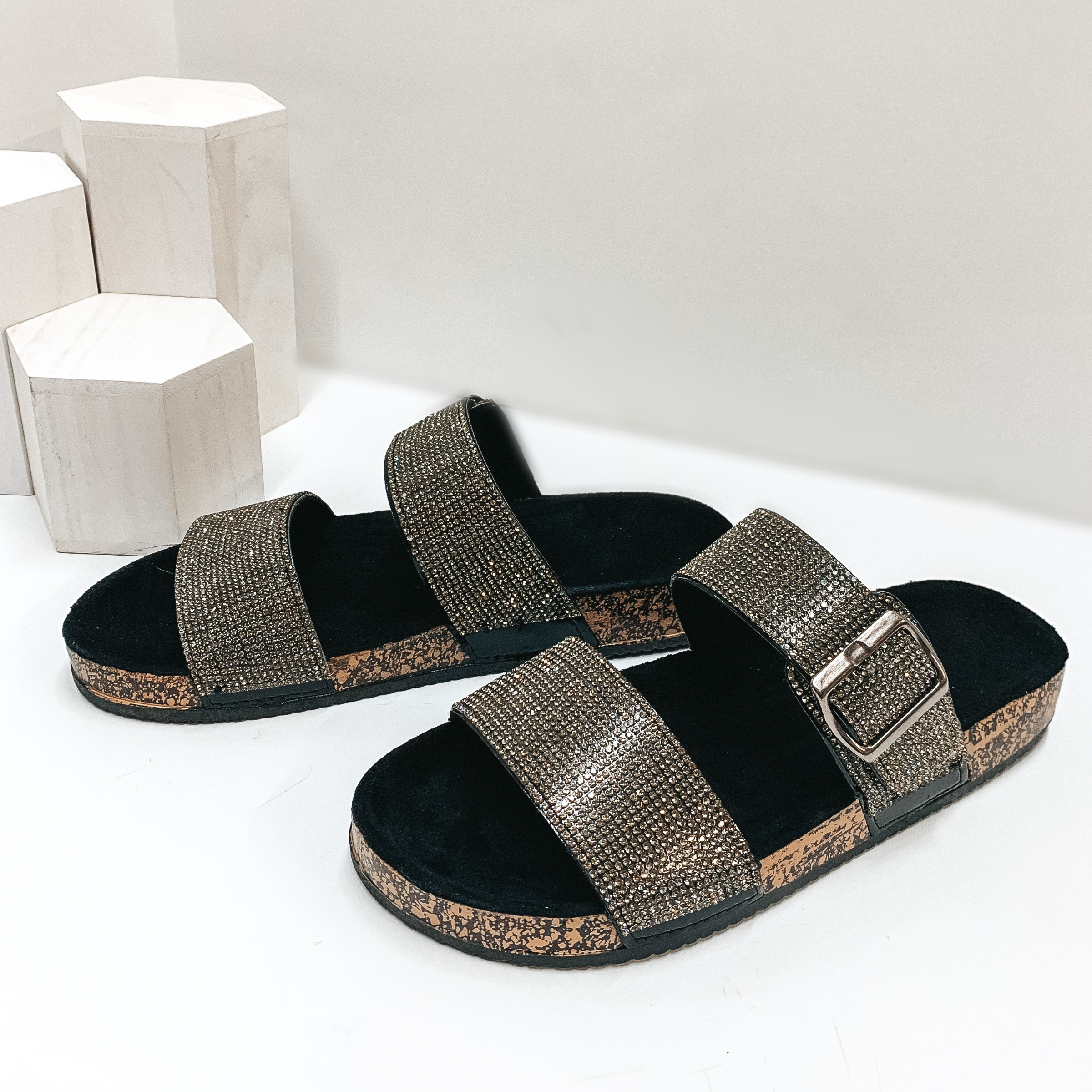 Casual Events Buckle Two Strap Crystal Sandals in Black - Giddy Up Glamour Boutique