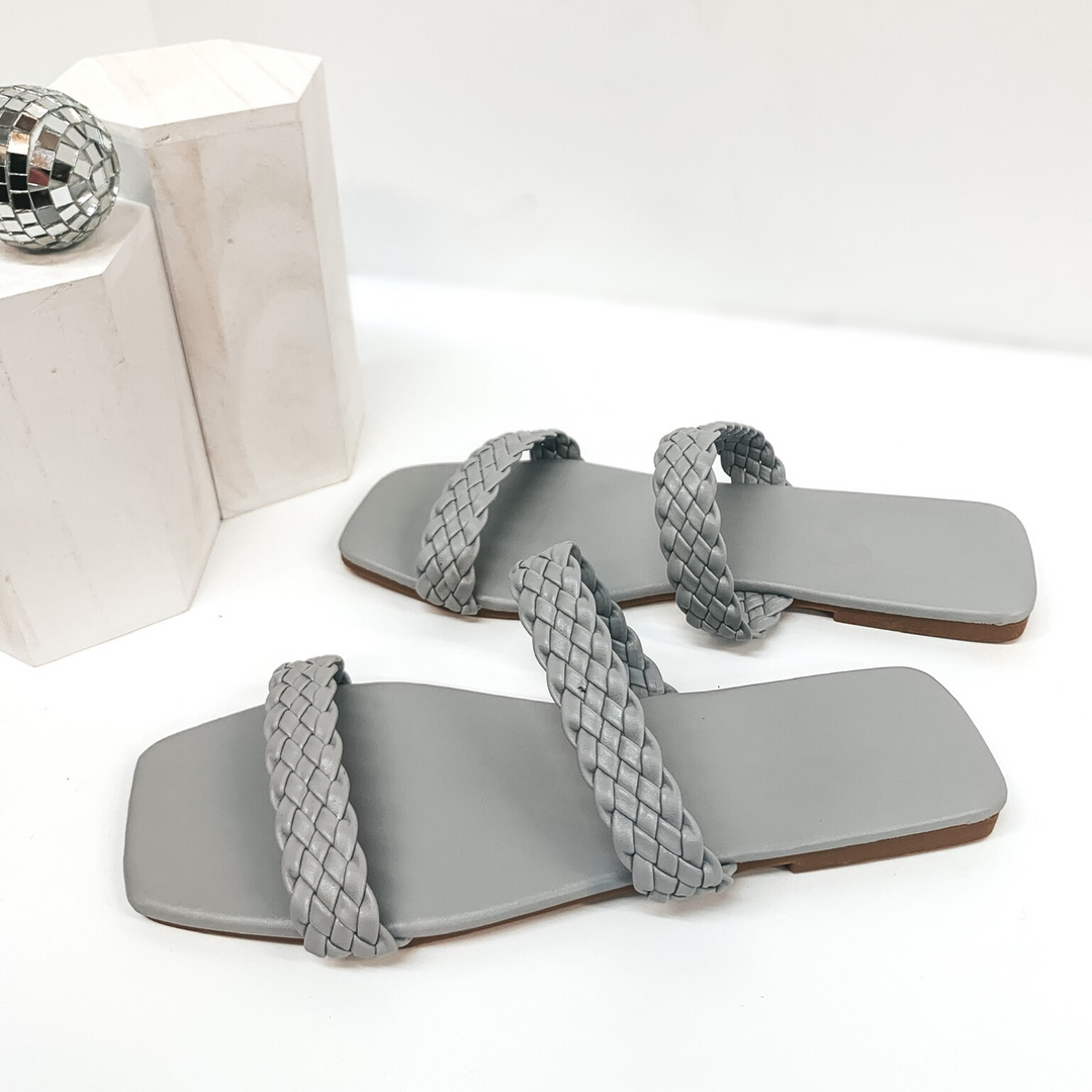 Uptown Stroll Braided Two Strap Slide On Sandals in Grey - Giddy Up Glamour Boutique