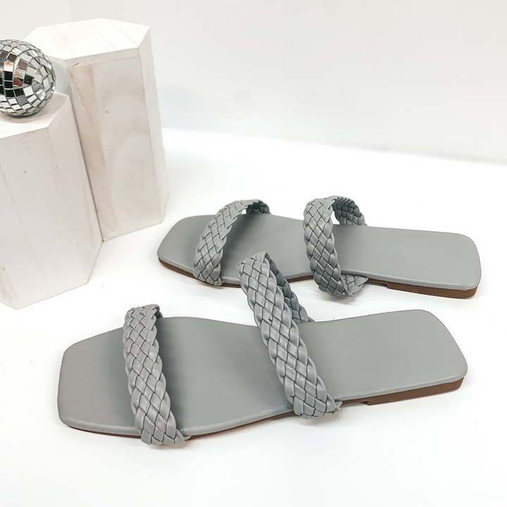 Uptown Stroll Braided Two Strap Slide On Sandals in Grey - Giddy Up Glamour Boutique