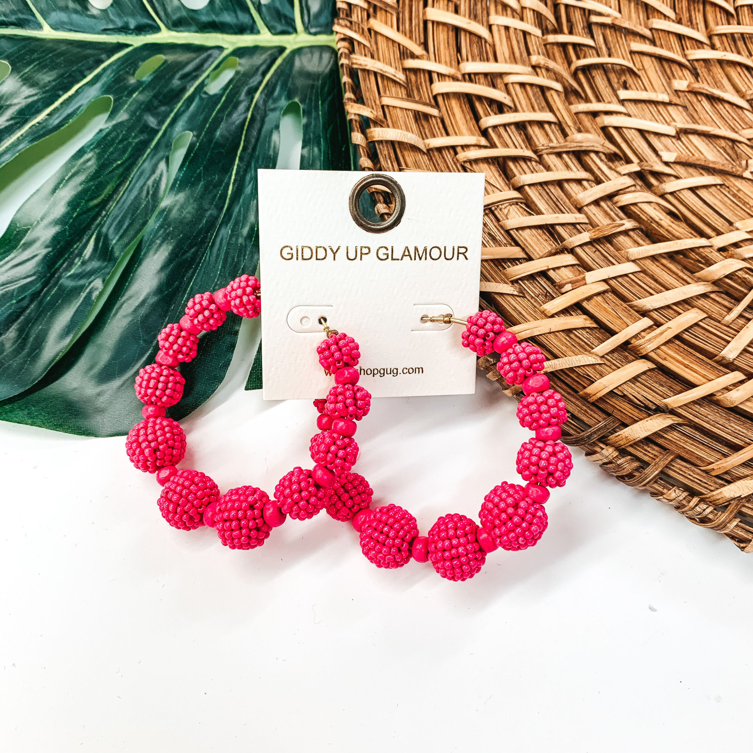 Seed Beaded Ball Hoop Earrings in Fuchsia - Giddy Up Glamour Boutique