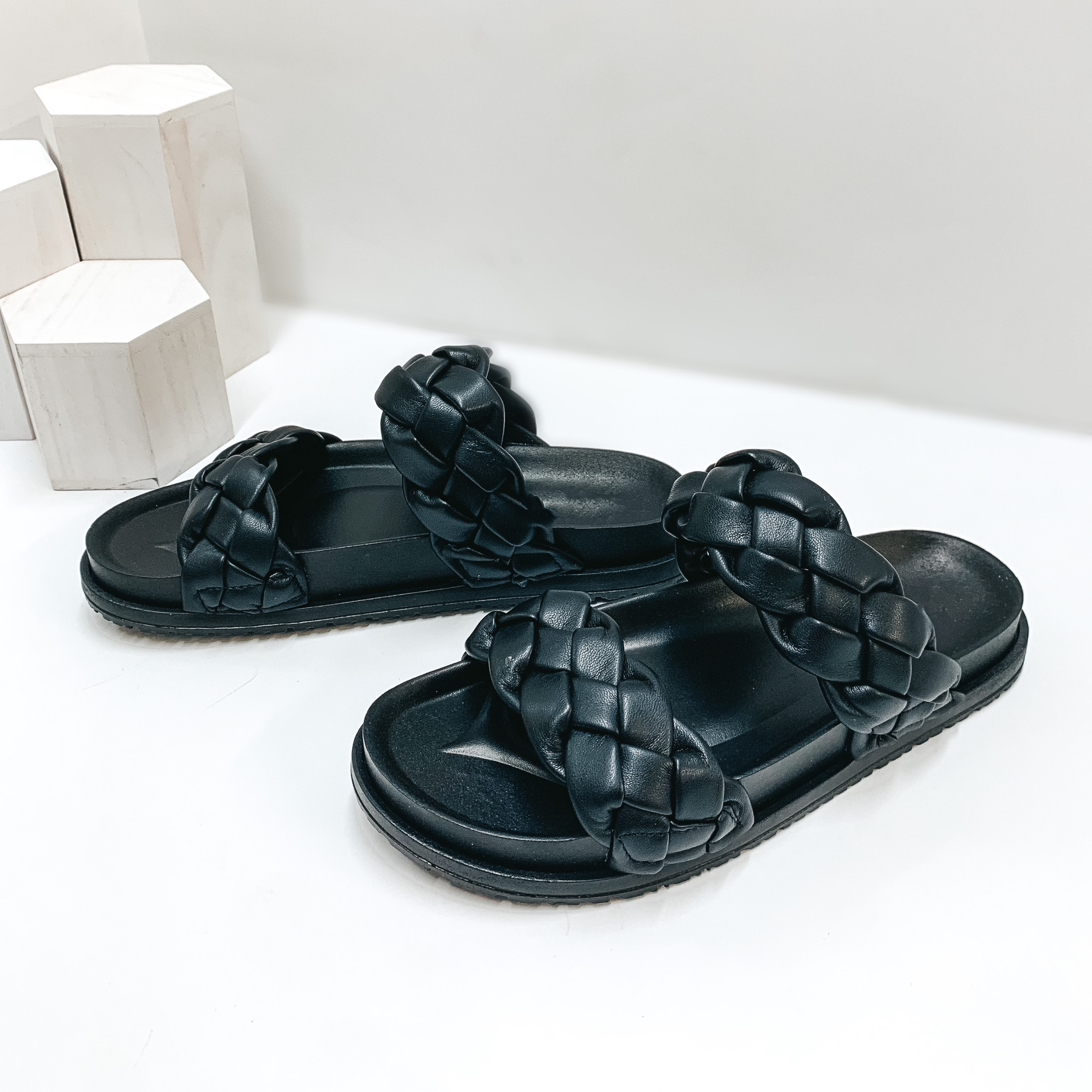 Far From Over Braided Two Strap Slide On Sandals in Black - Giddy Up Glamour Boutique
