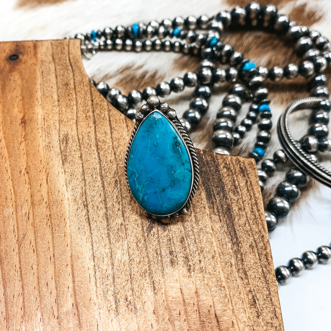 Scott Skeets | Navajo Handmade Sterling Silver and Kingman Turquoise Teardrop Ring | Size 6.5 - Giddy Up Glamour Boutique