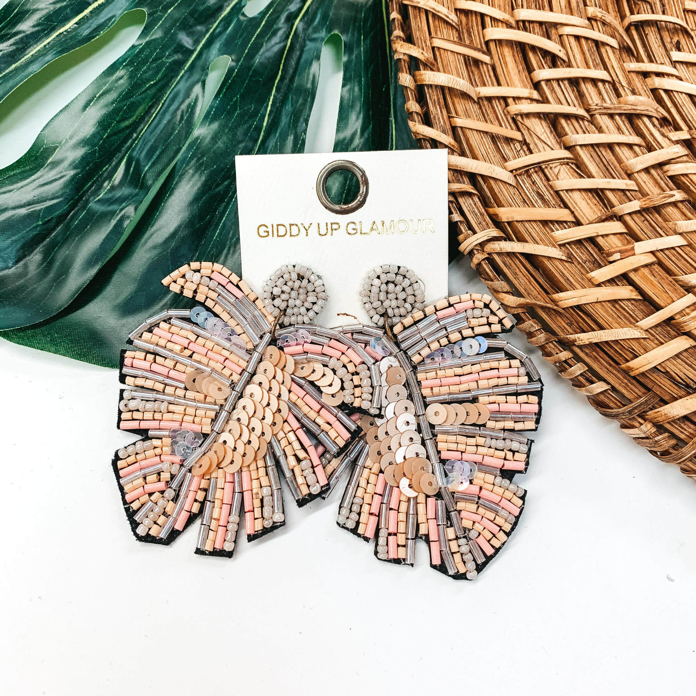 Beaded Palm Leaf Statement Earrings in Blush - Giddy Up Glamour Boutique