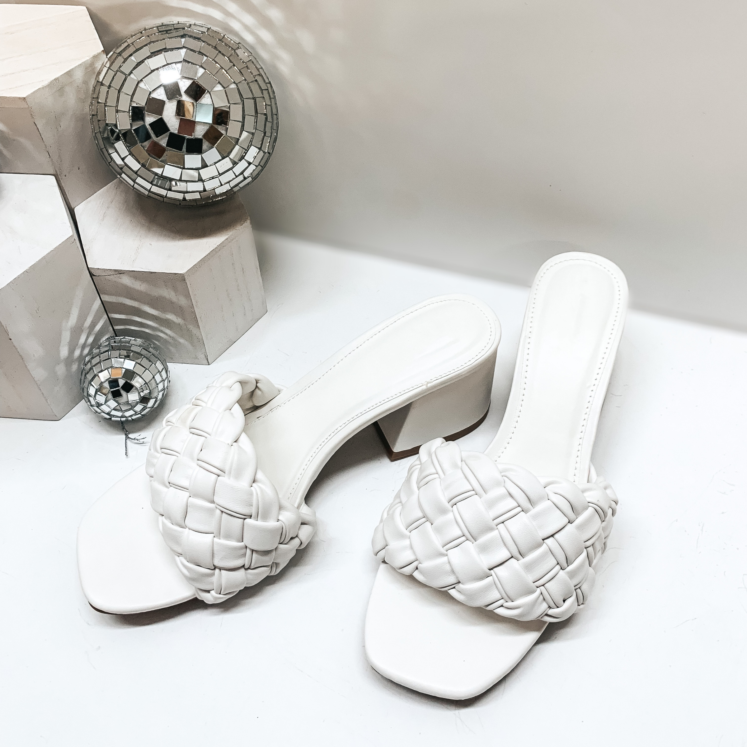 Style the Way Mini Block Heels with Thick Basket Weave Strap in Ivory - Giddy Up Glamour Boutique