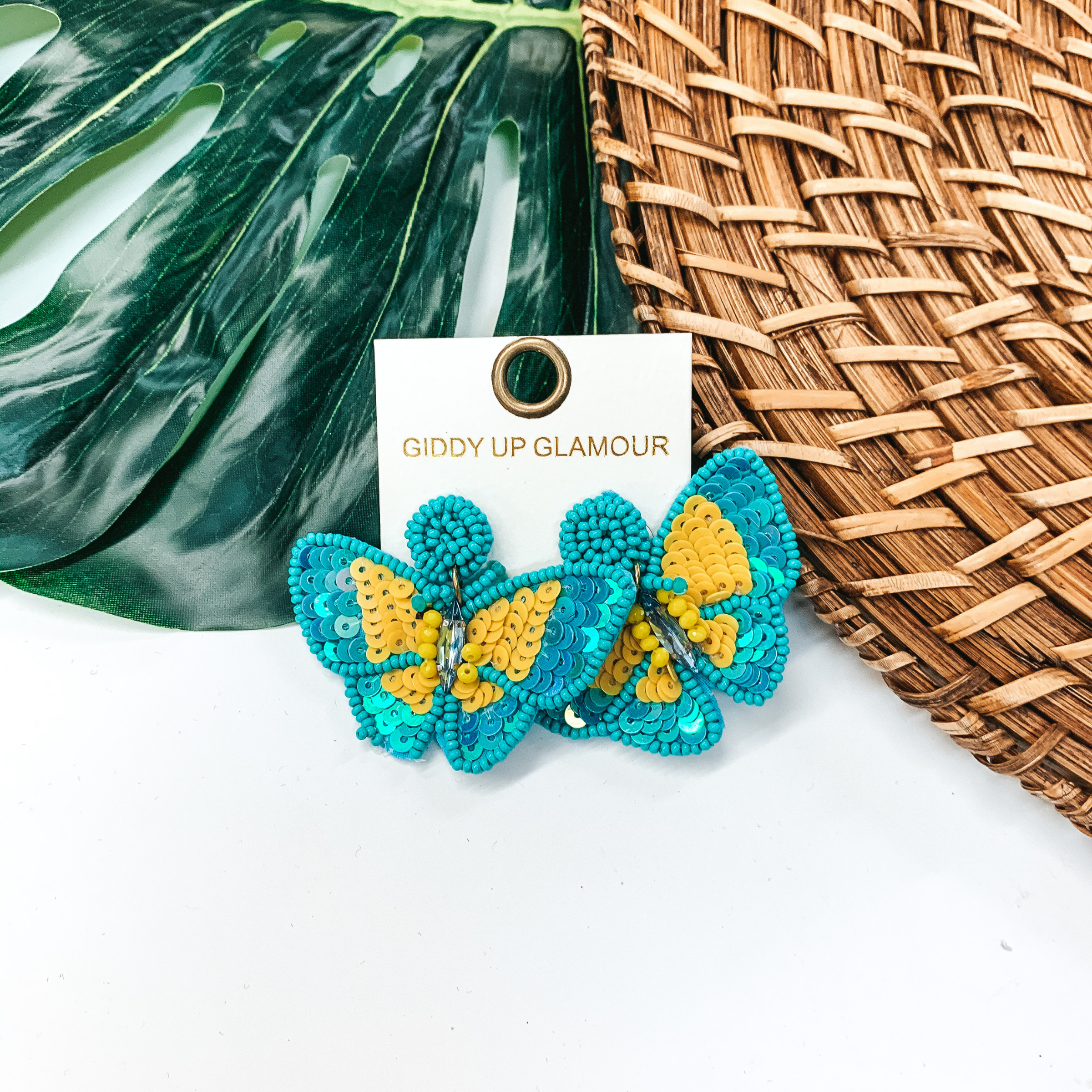 Beautiful as a Butterfly Earrings in Turquoise and Yellow - Giddy Up Glamour Boutique