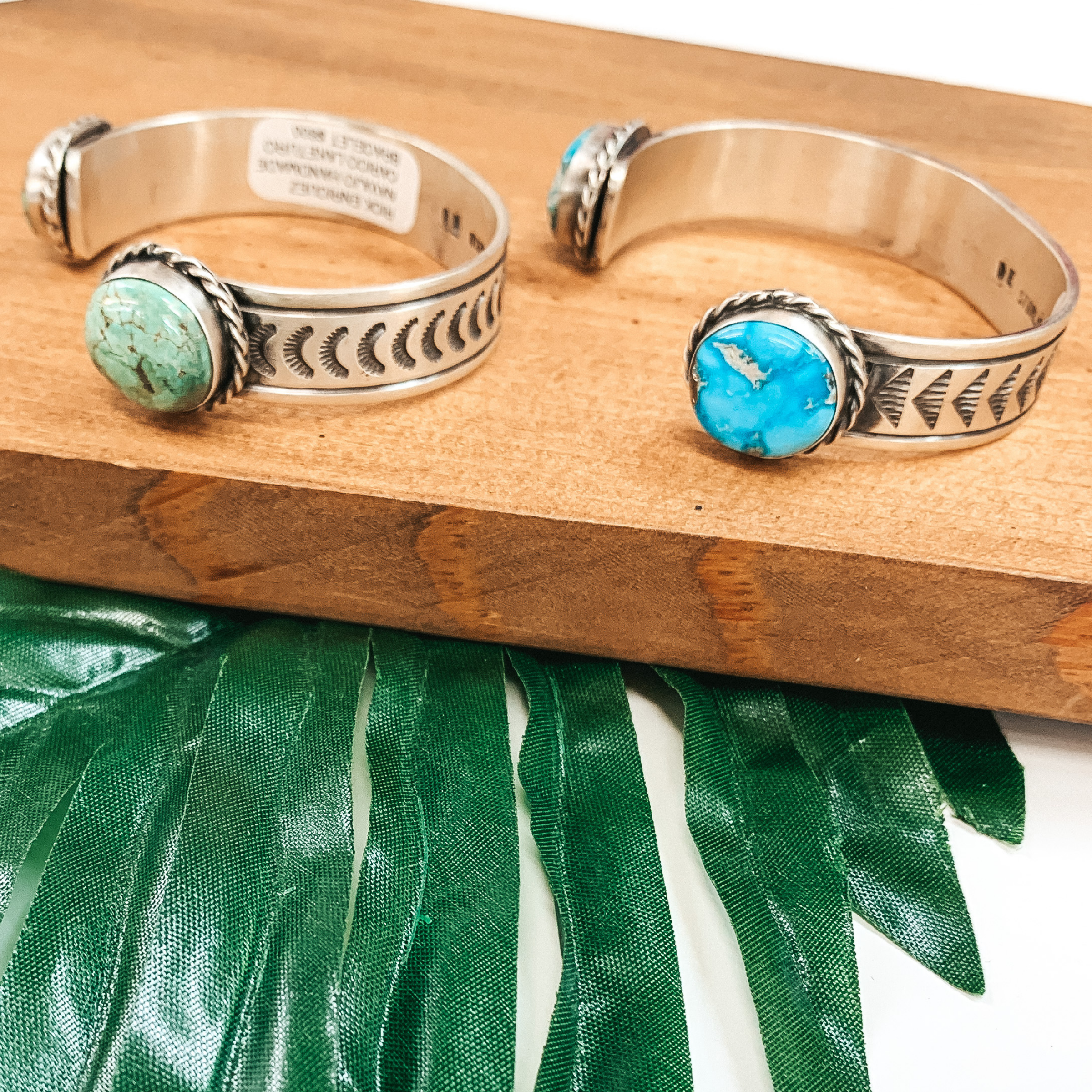 Rick Enricuez | Navajo Handmade Detailed Sterling Silver Cuff with Kingman Turquoise Endings - Giddy Up Glamour Boutique