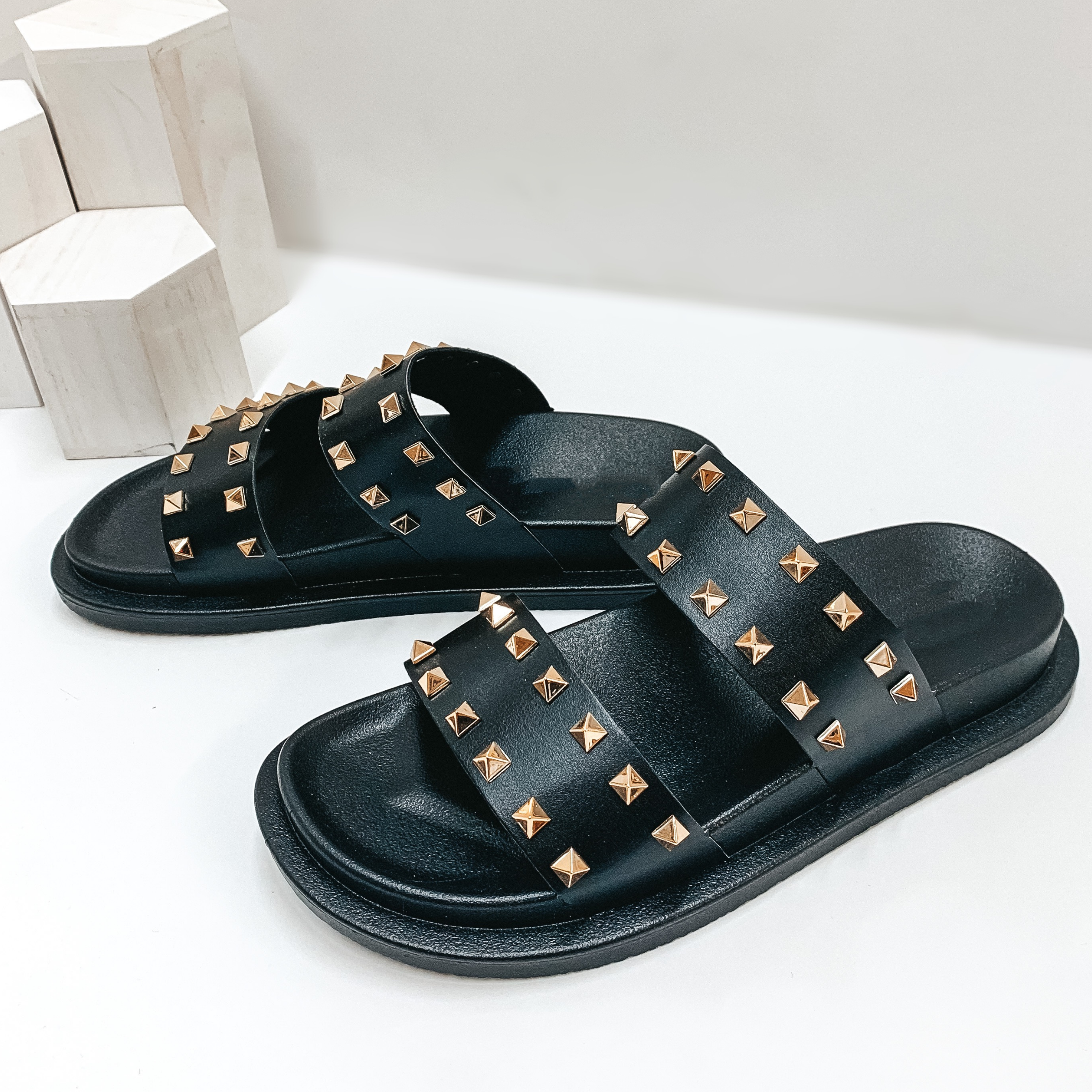 Simple Essentials Studded Two Strap Slide On Sandals in Black - Giddy Up Glamour Boutique