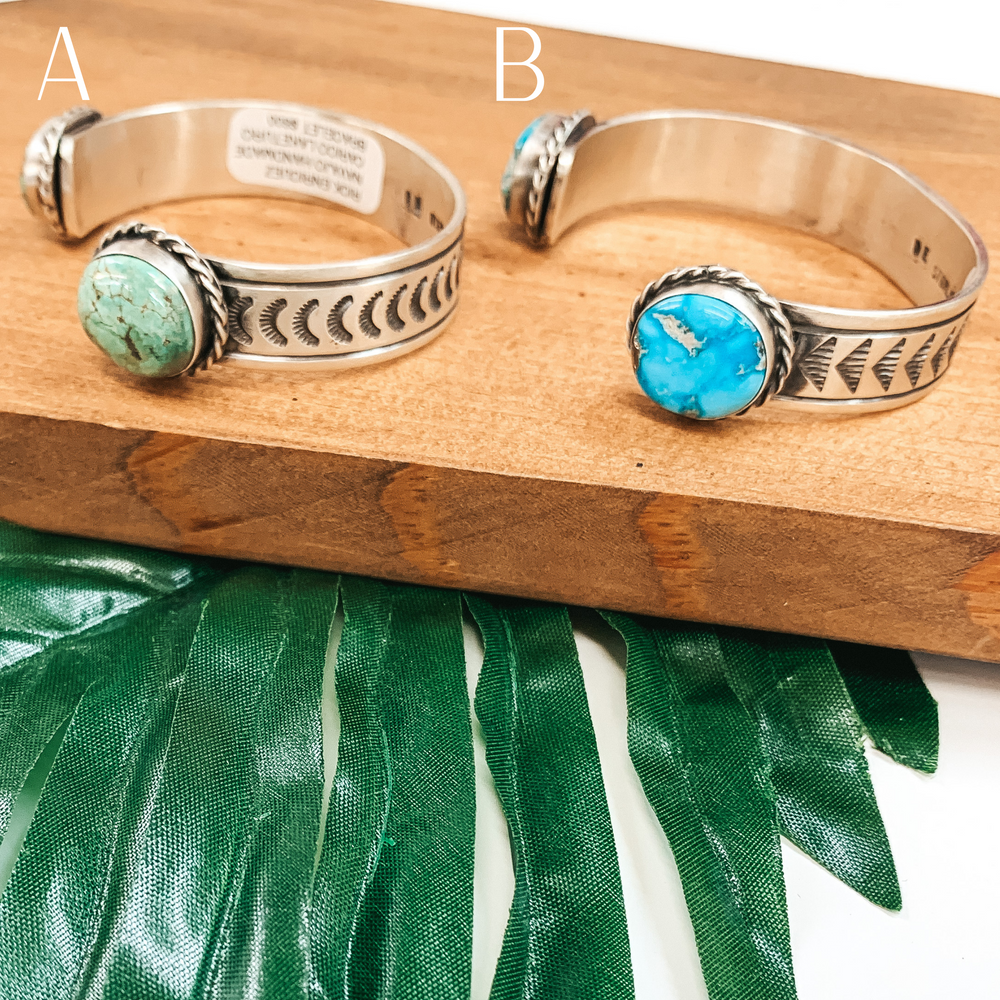 Rick Enricuez | Navajo Handmade Detailed Sterling Silver Cuff with Kingman Turquoise Endings - Giddy Up Glamour Boutique