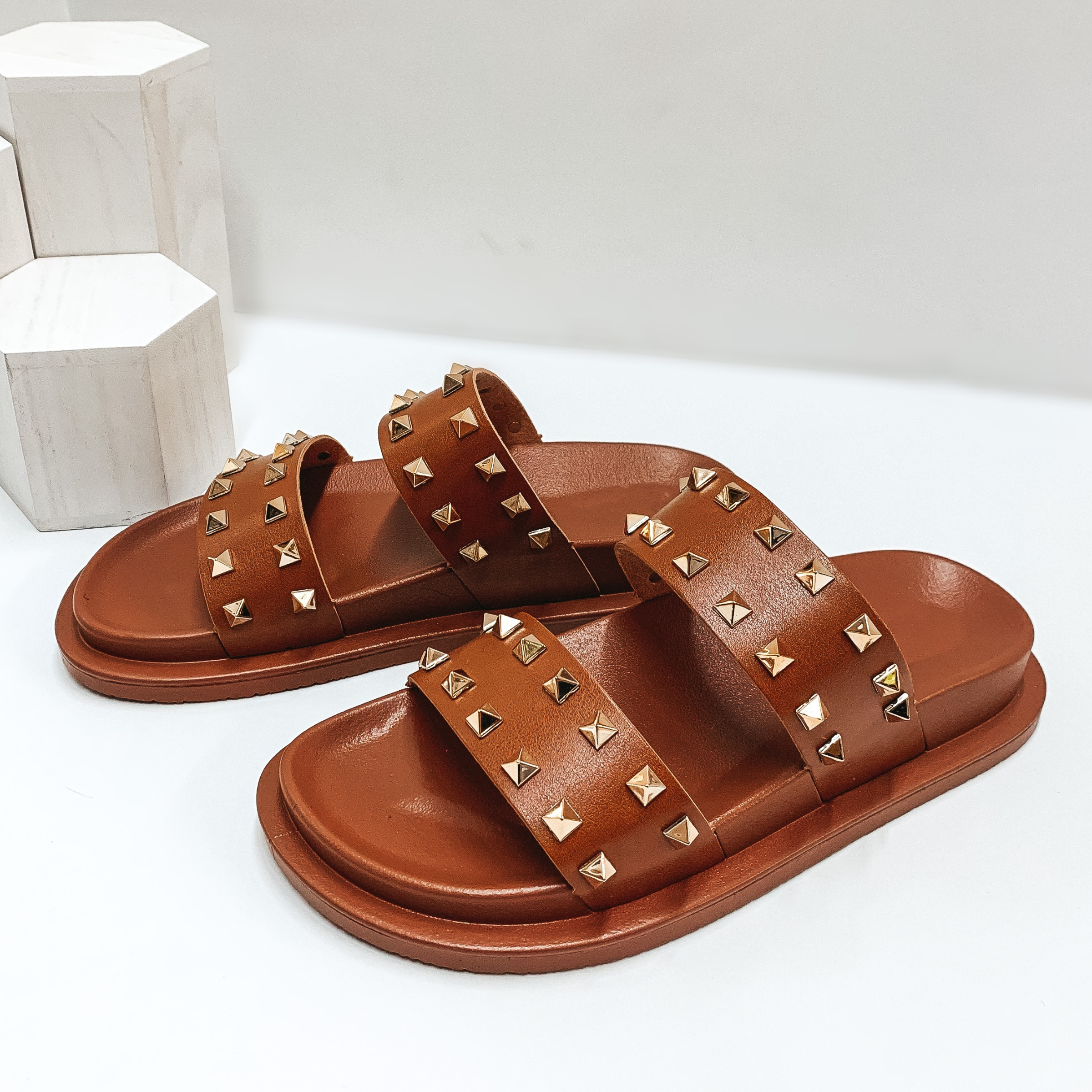 Simple Essentials Studded Two Strap Slide On Sandals in Cognac - Giddy Up Glamour Boutique