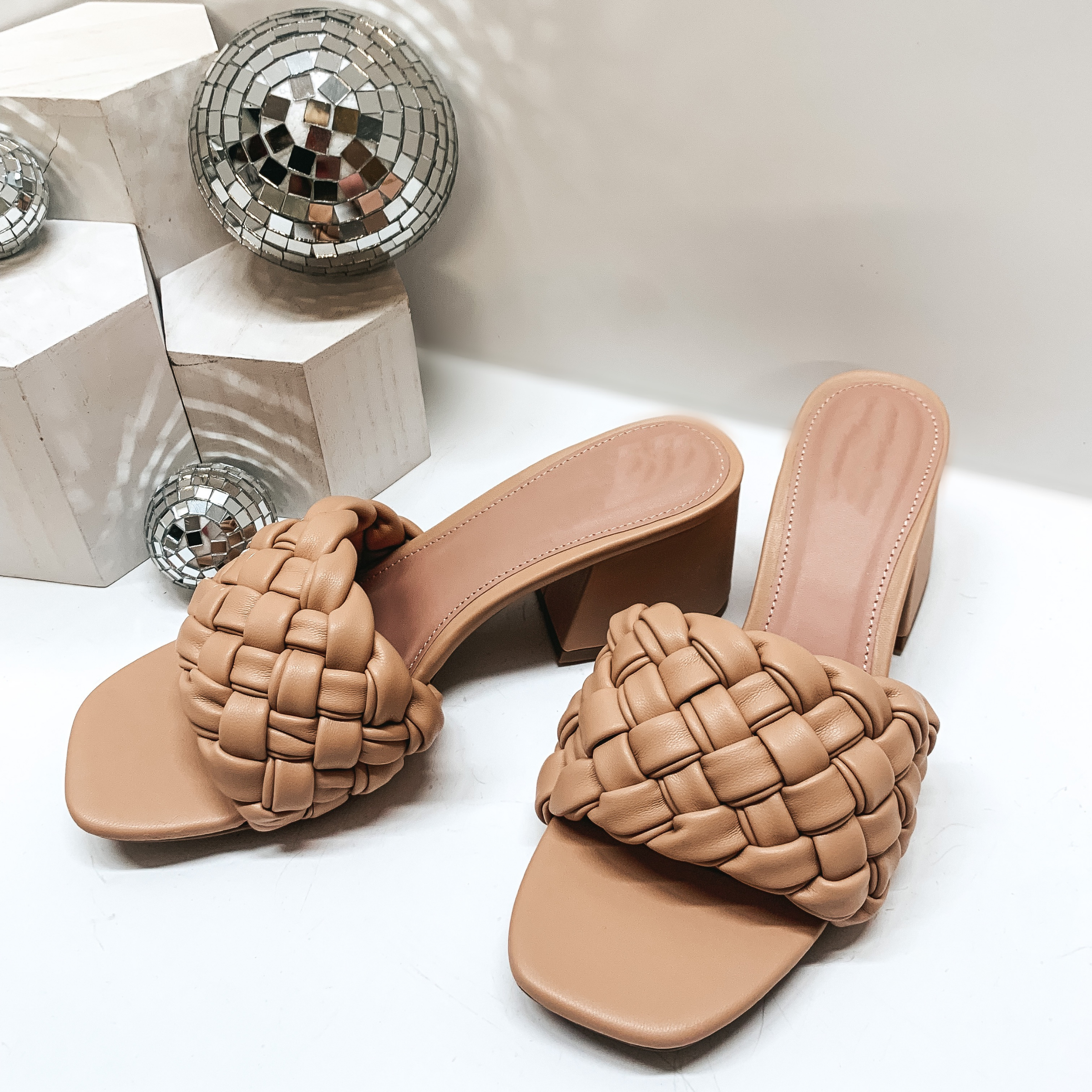 Style the Way Mini Block Heels with Thick Basket Weave Strap in Nude - Giddy Up Glamour Boutique