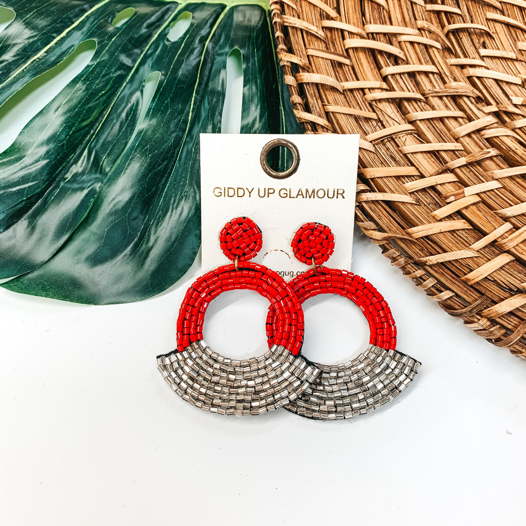 Seed Beaded Fan Post Earrings in Red and Silver - Giddy Up Glamour Boutique
