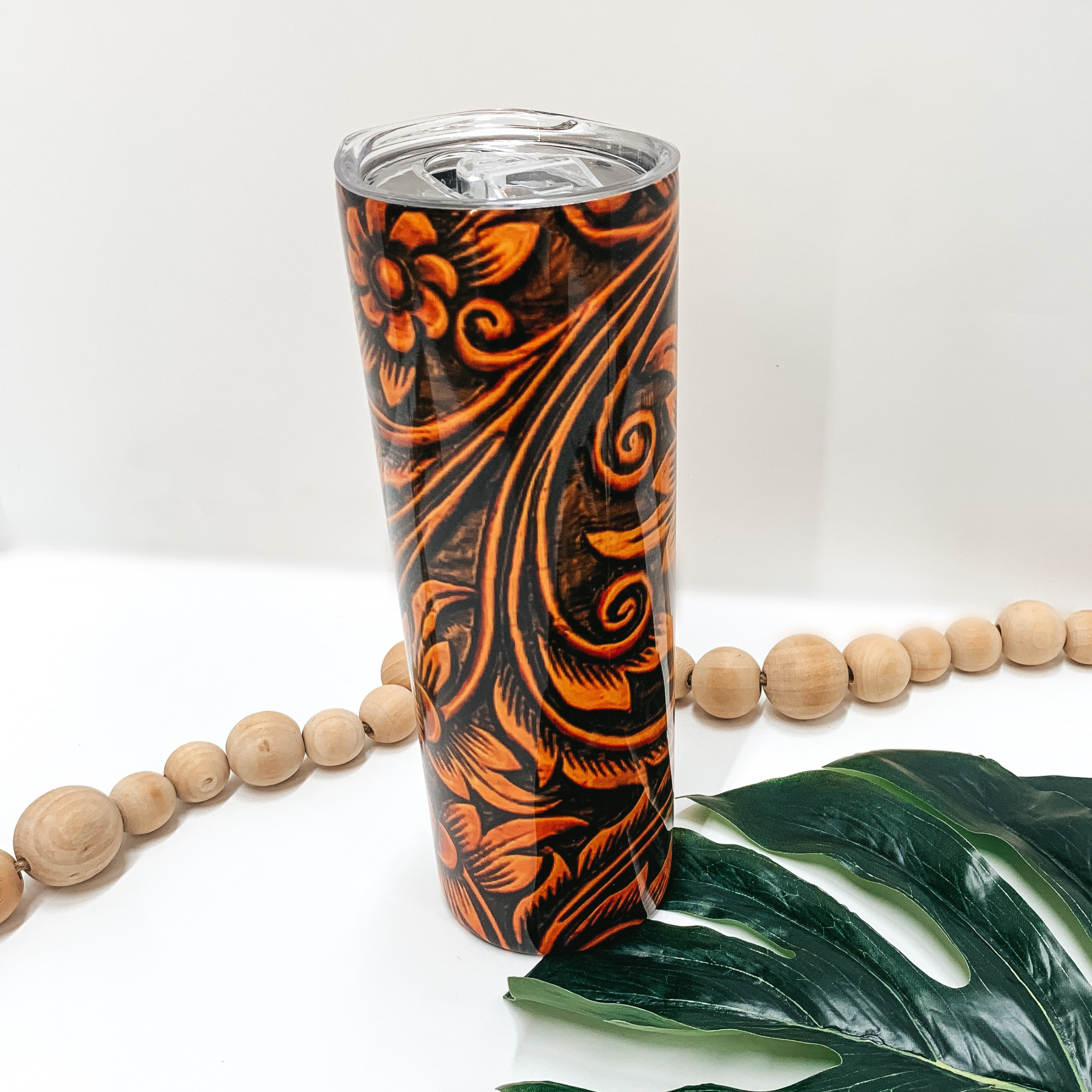 Floral Leather Tooled Print 20 Oz. Metal Cylinder Tumbler in Tan - Giddy Up Glamour Boutique