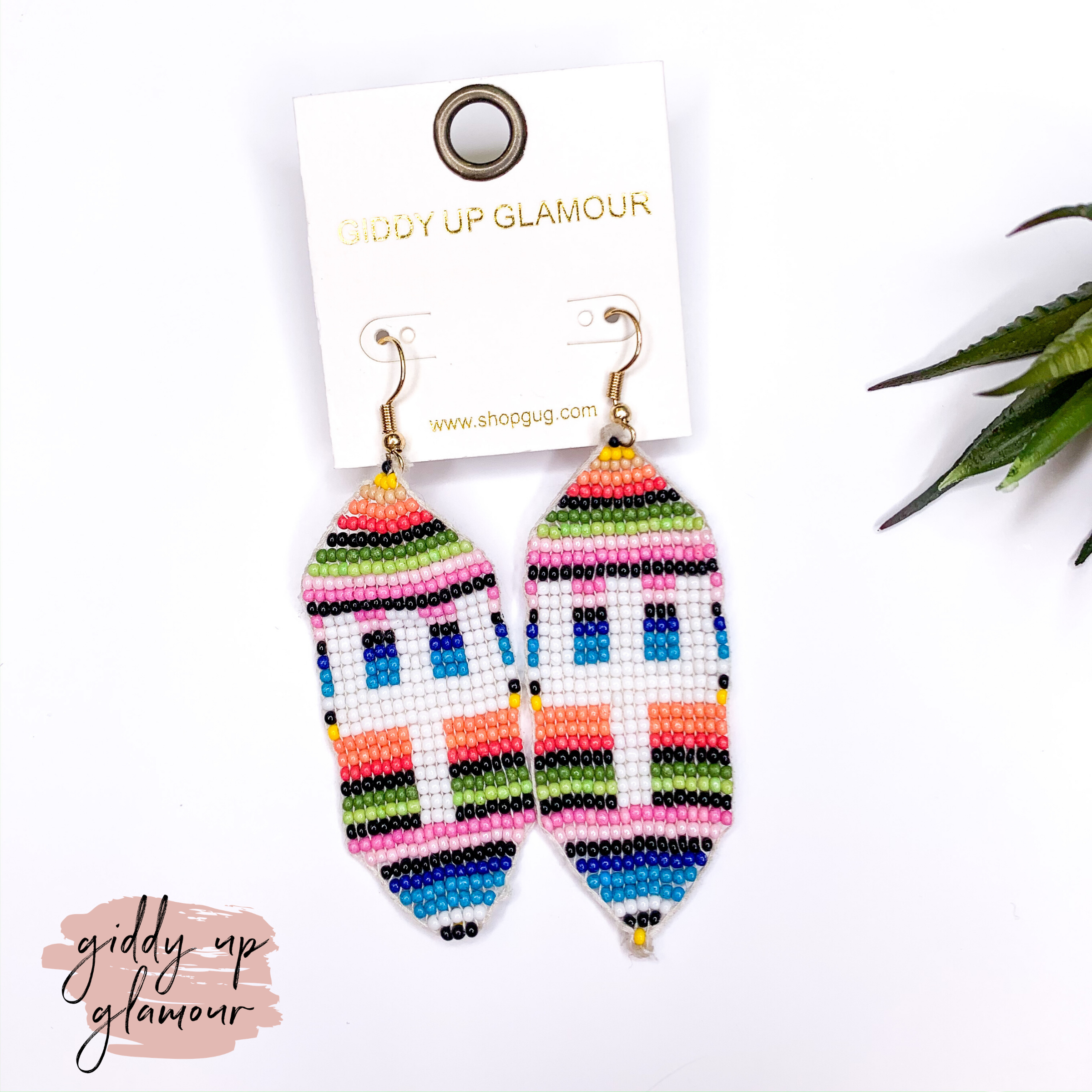 Beaded Ribbon Drop Earrings with Cactus in Serape - Giddy Up Glamour Boutique