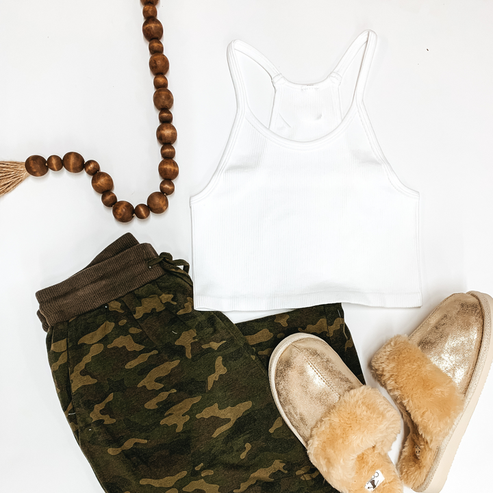 Comfiest Trends Ribbed High Neck Cropped Spaghetti Strap Top in White - Giddy Up Glamour Boutique