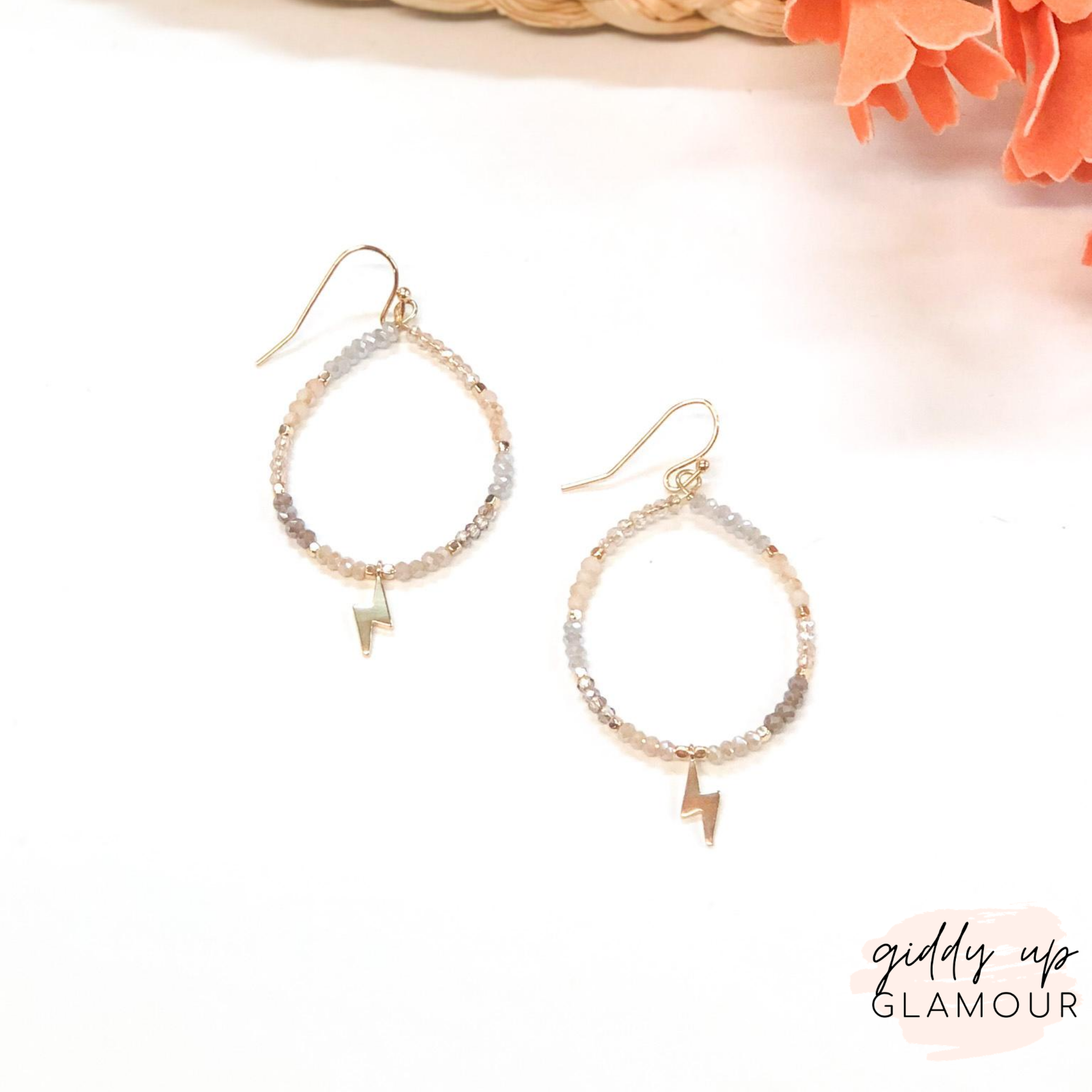 Crystal Beaded Hoop Earrings with Gold Lightning Bolts in Neutral - Giddy Up Glamour Boutique