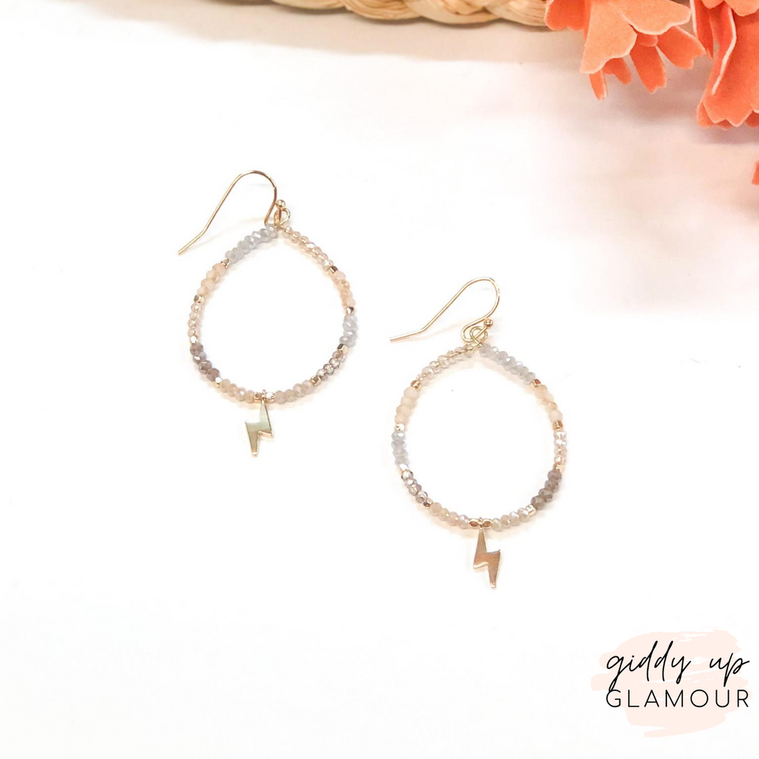Crystal Beaded Hoop Earrings with Gold Lightning Bolts in Neutral - Giddy Up Glamour Boutique