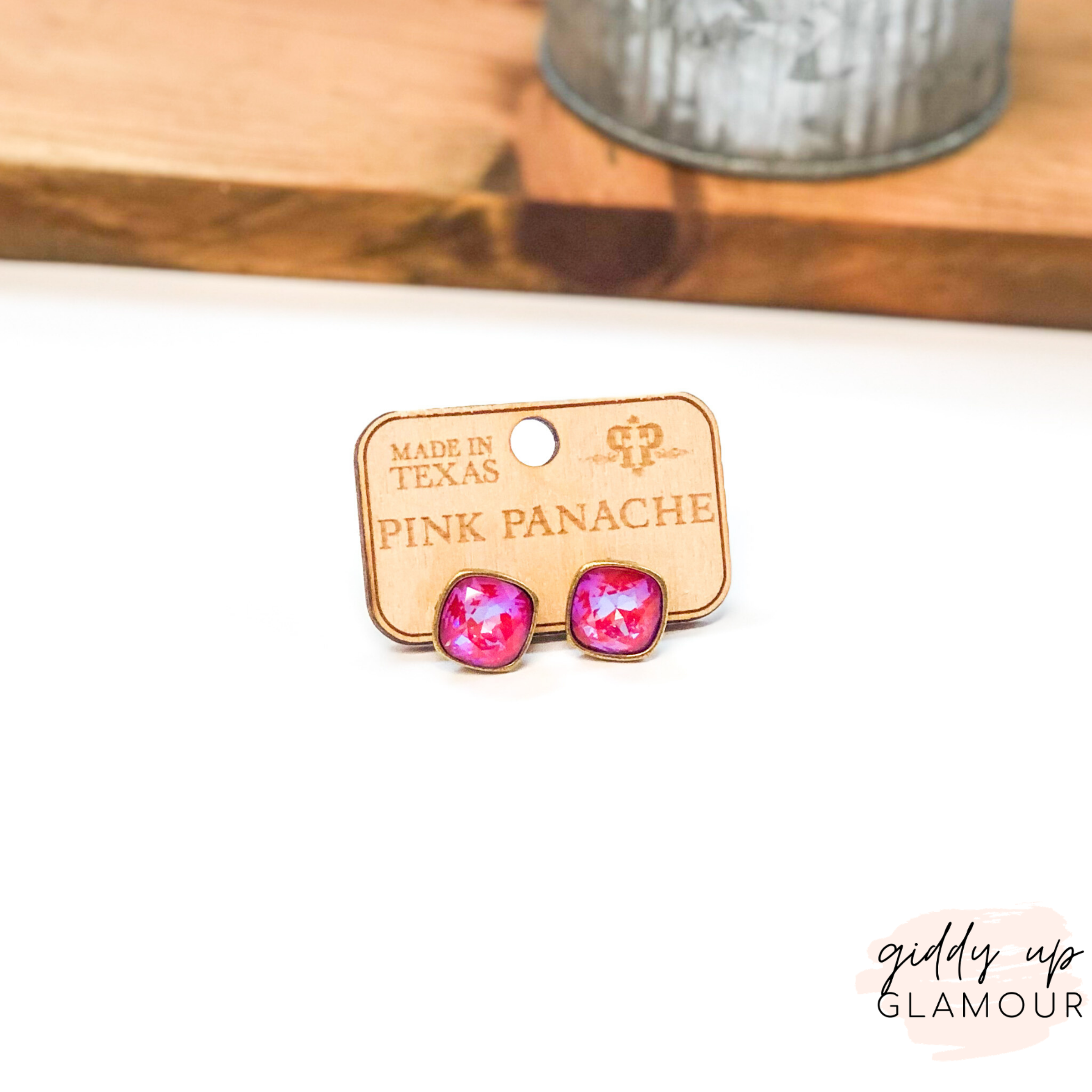 Pink Panache | Bronze Stud Earrings with Cushion Cut Crystals in Royal Red Delight - Giddy Up Glamour Boutique