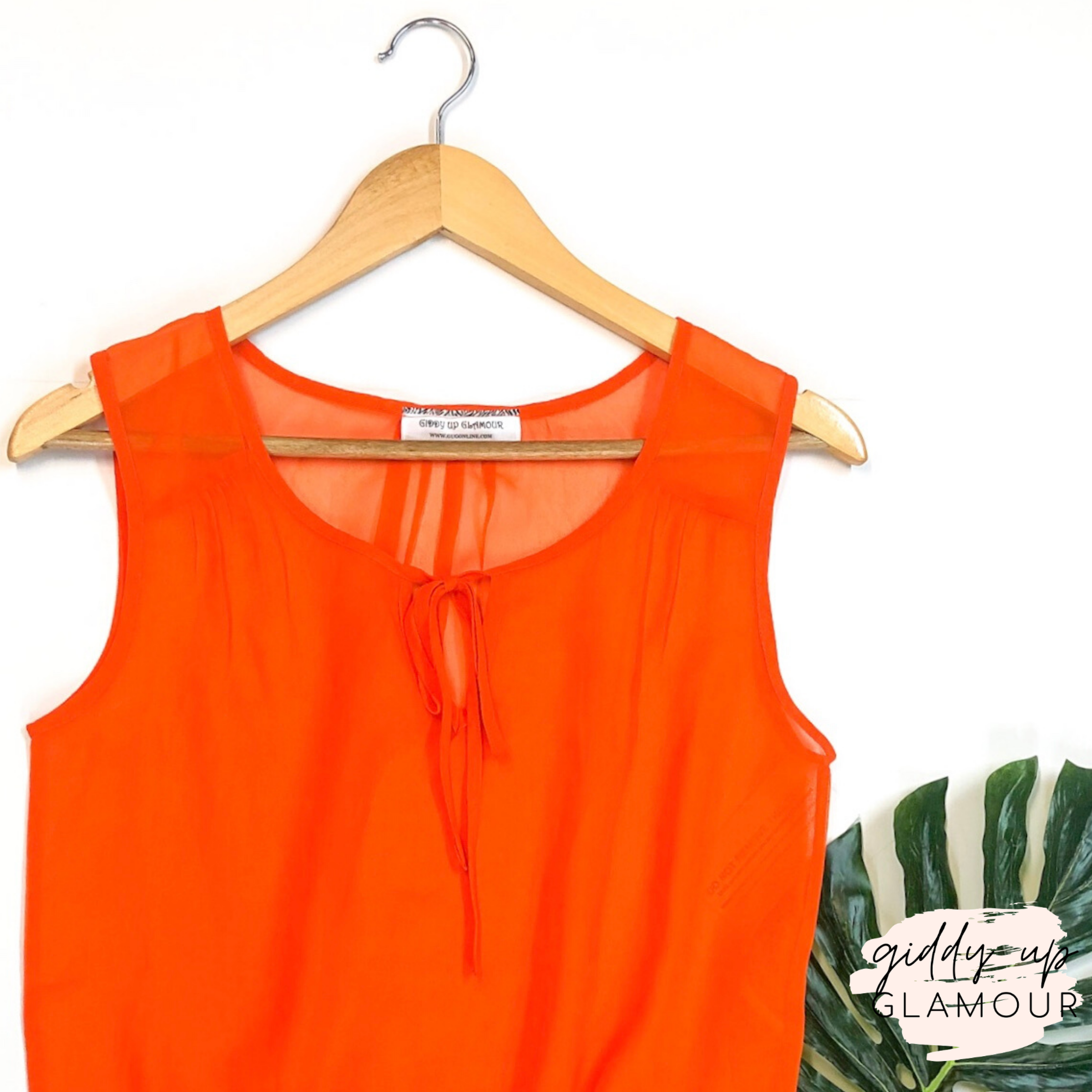 Last Chance Size Large | Sheer Peplum Tank Top with Keyhole Tie in Orange