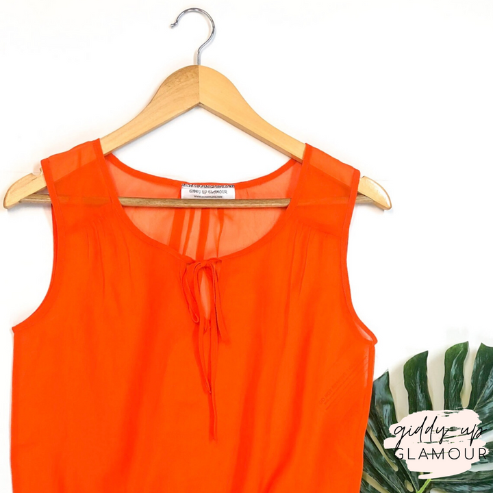 Last Chance Size Large | Sheer Peplum Tank Top with Keyhole Tie in Orange - Giddy Up Glamour Boutique