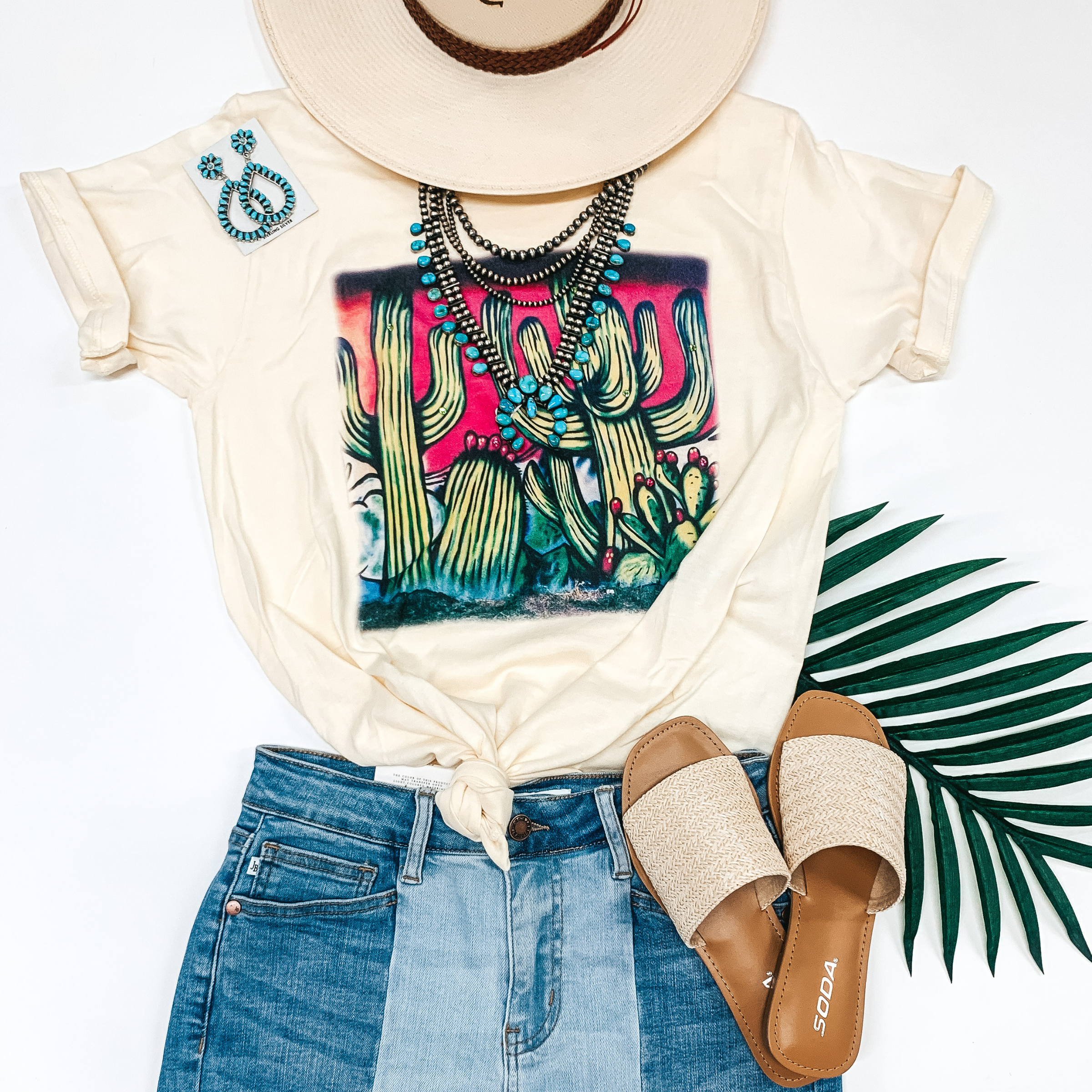 Paint Me in Palm Springs Short Sleeve Airbrush Cactus Graphic Tee in Ivory - Giddy Up Glamour Boutique