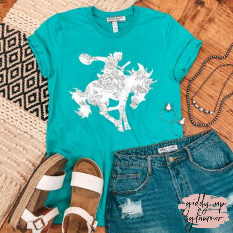 Tough Buck Saddle Bronc Graphic Tee in Turquoise - Giddy Up Glamour Boutique