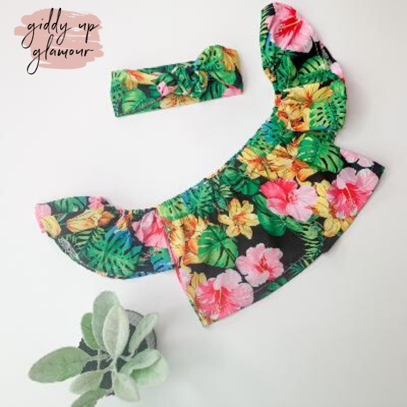 Children's Be Curious Floral Off Shoulder Top in Black - Giddy Up Glamour Boutique