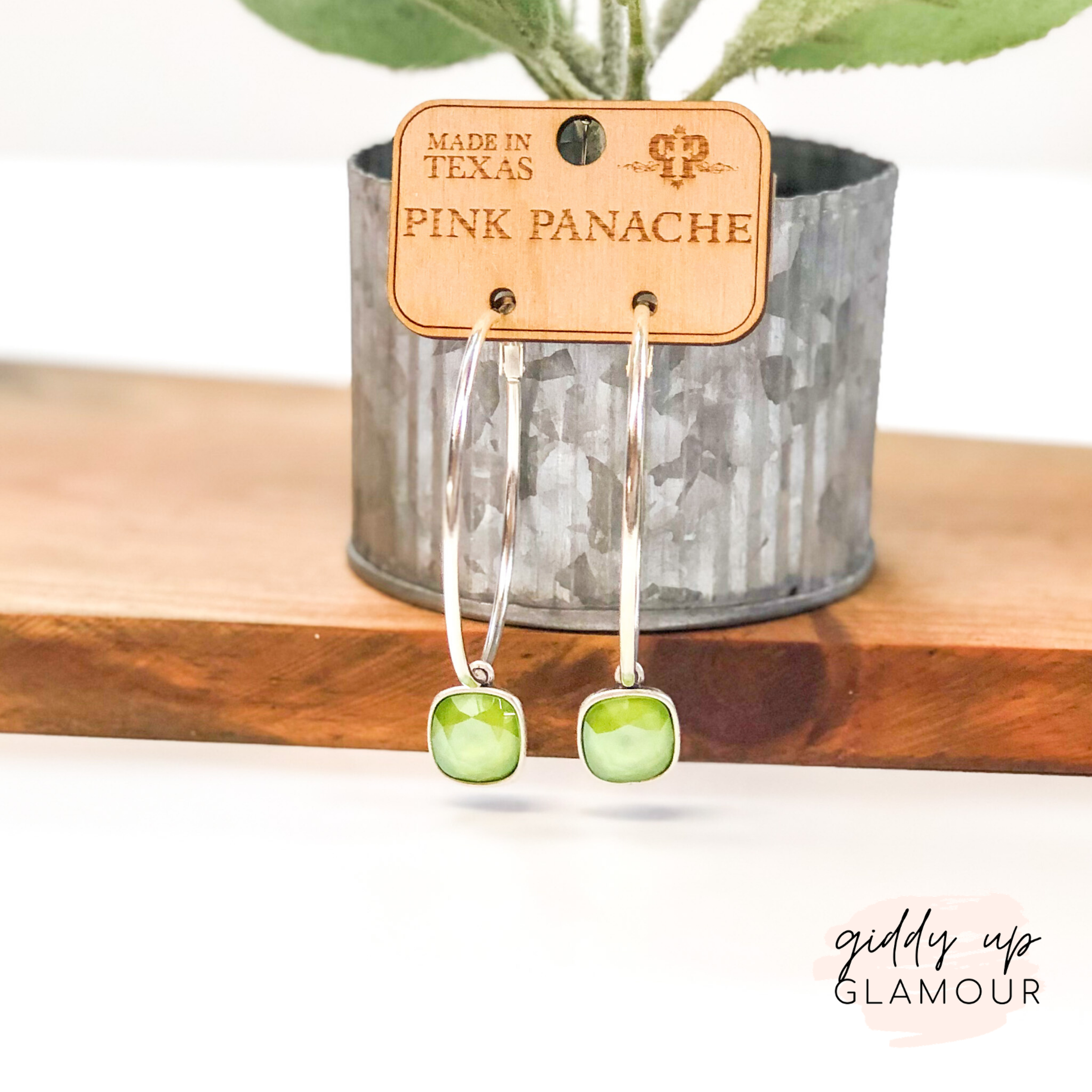 Pink Panache | Large Silver Hoop Earrings with Cushion Cut Crystals in Lime Green - Giddy Up Glamour Boutique
