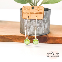 Pink Panache | Large Silver Hoop Earrings with Cushion Cut Crystals in Lime Green