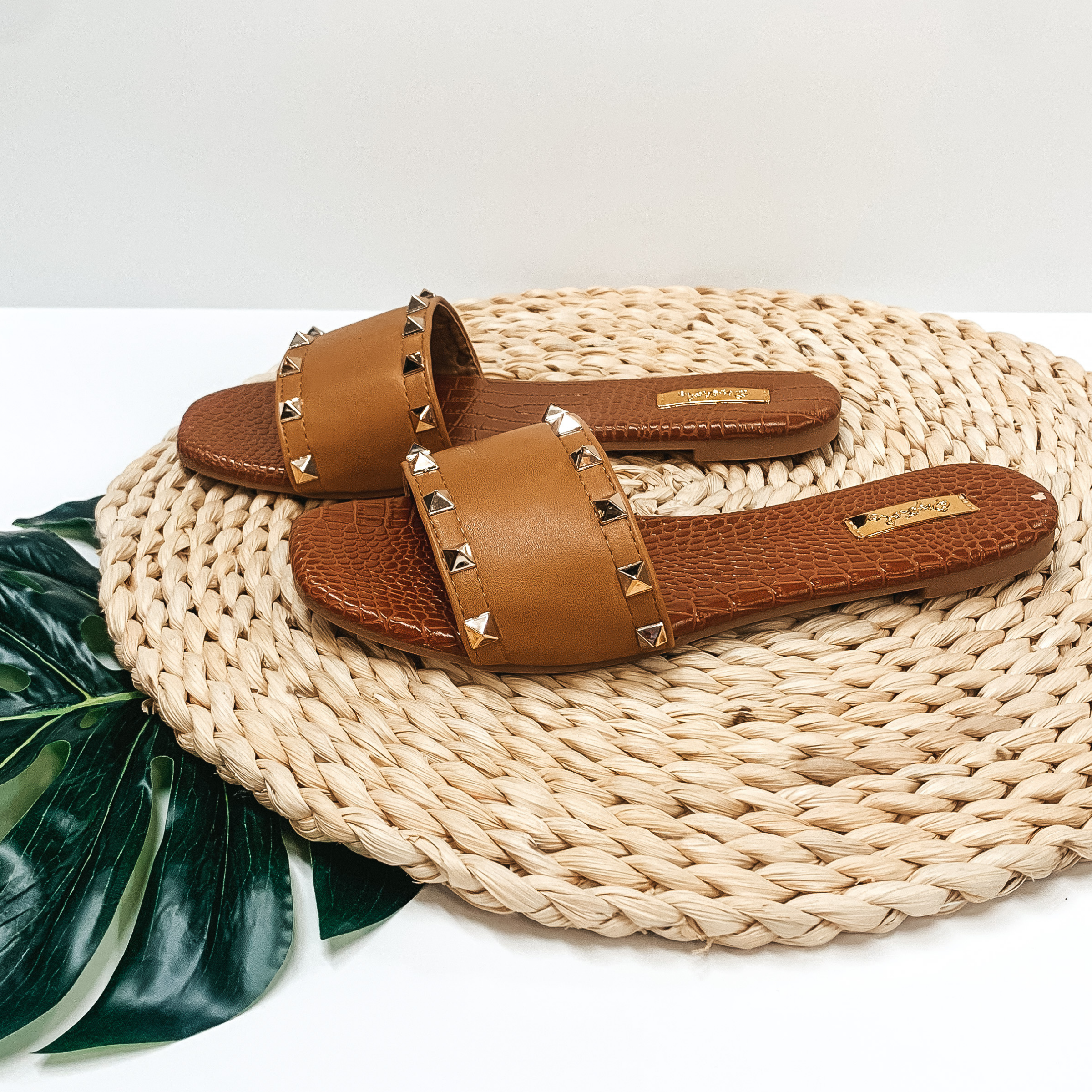 Chic Steps Gold Studded Slide On Sandals with Croc Print Sole in Tan - Giddy Up Glamour Boutique
