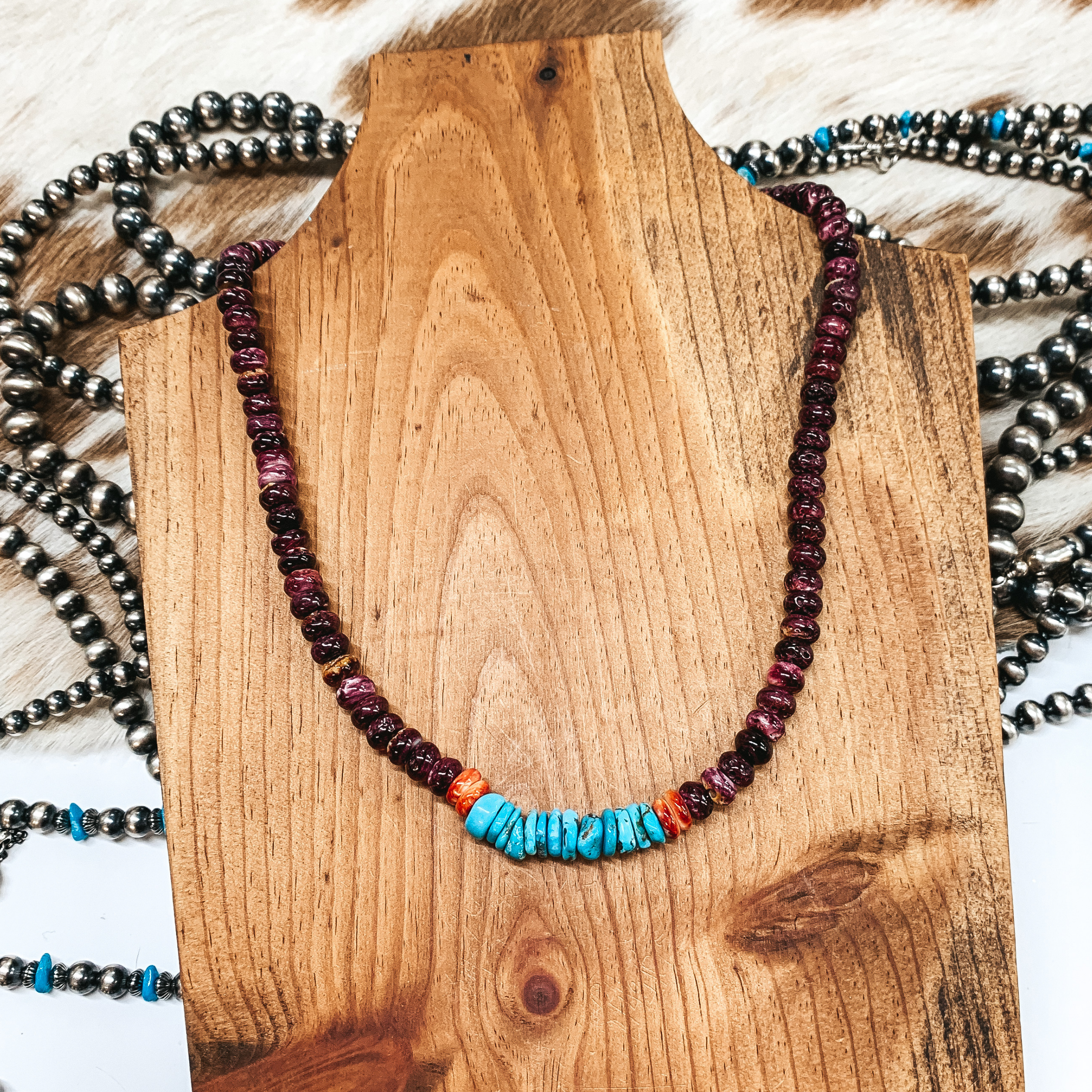 Corina Smith | Navajo Handmade Spiny Oyster Bead Necklace with Turquoise Beaded Center - Giddy Up Glamour Boutique