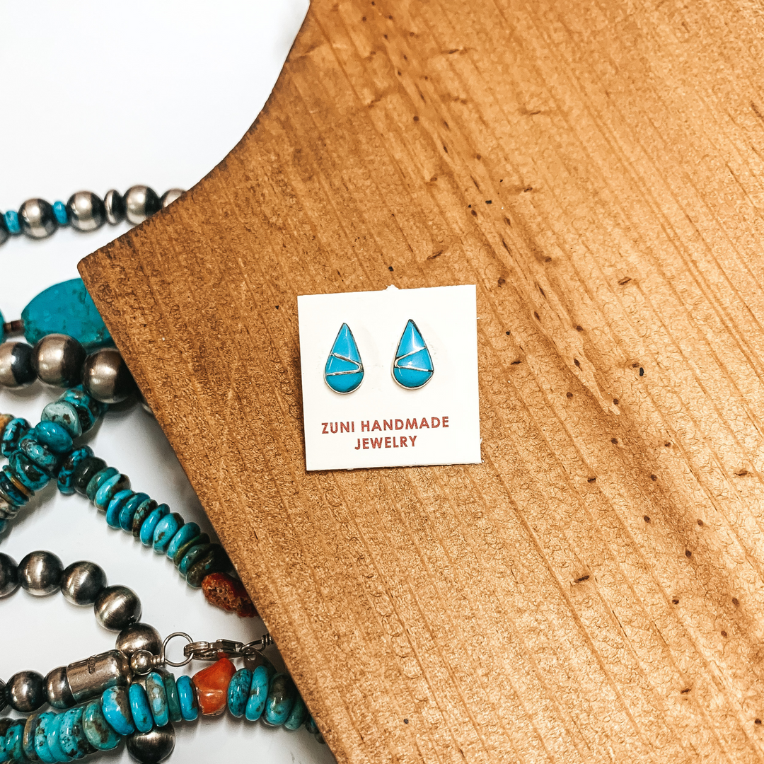 Zuni | Zuni Handmade Sterling Silver Teardrop Stud Earrings in Turquoise - Giddy Up Glamour Boutique