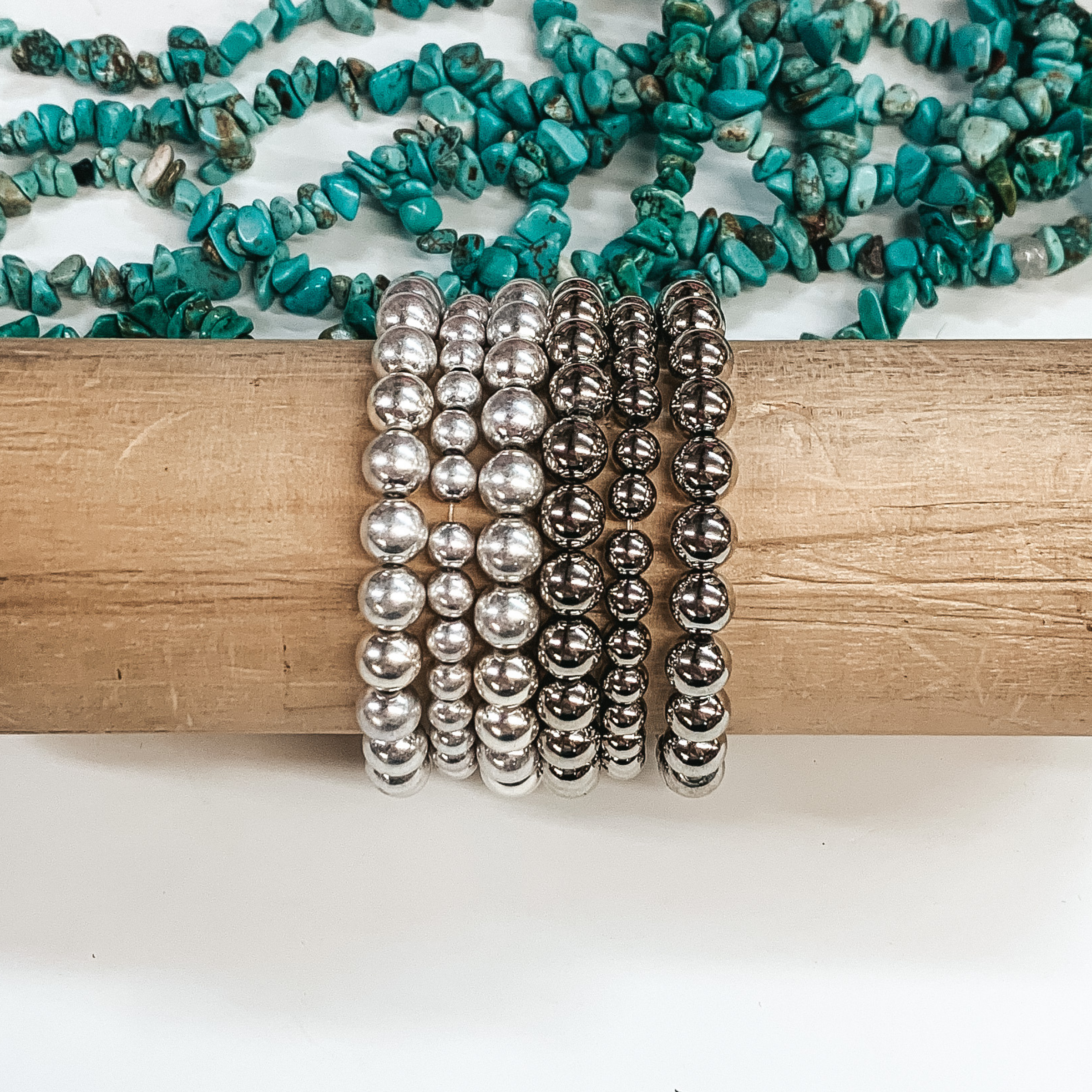 Set of Three | Beaded Bliss 6/7mm Bracelets in Silver - Giddy Up Glamour Boutique
