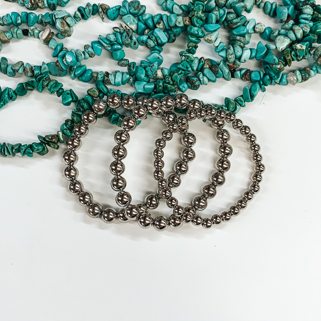 Set of Three | Beaded Bliss 6/7mm Bracelets in Silver - Giddy Up Glamour Boutique