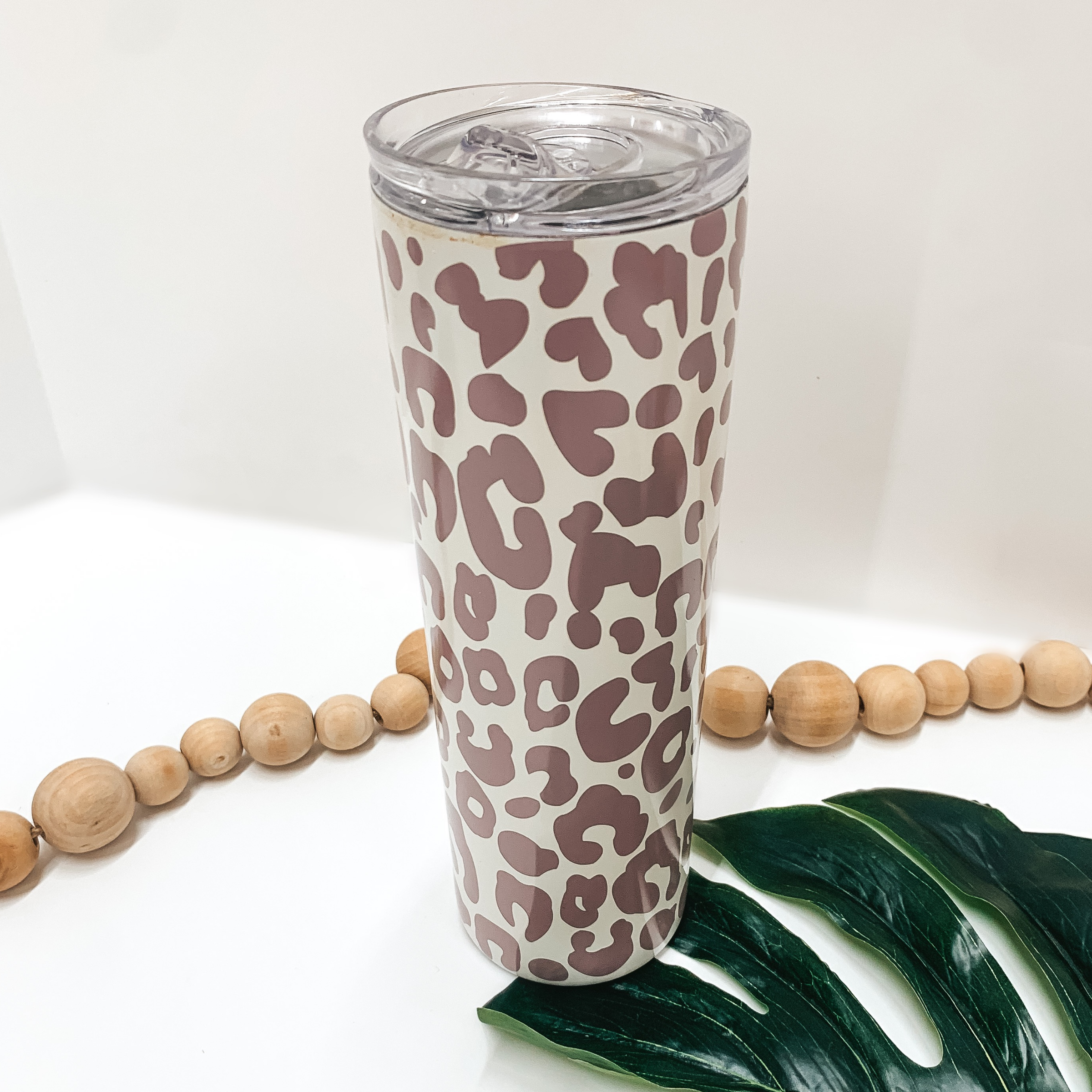 Leopard Print 20 Oz. Metal Cylinder Tumbler in Taupe - Giddy Up Glamour Boutique