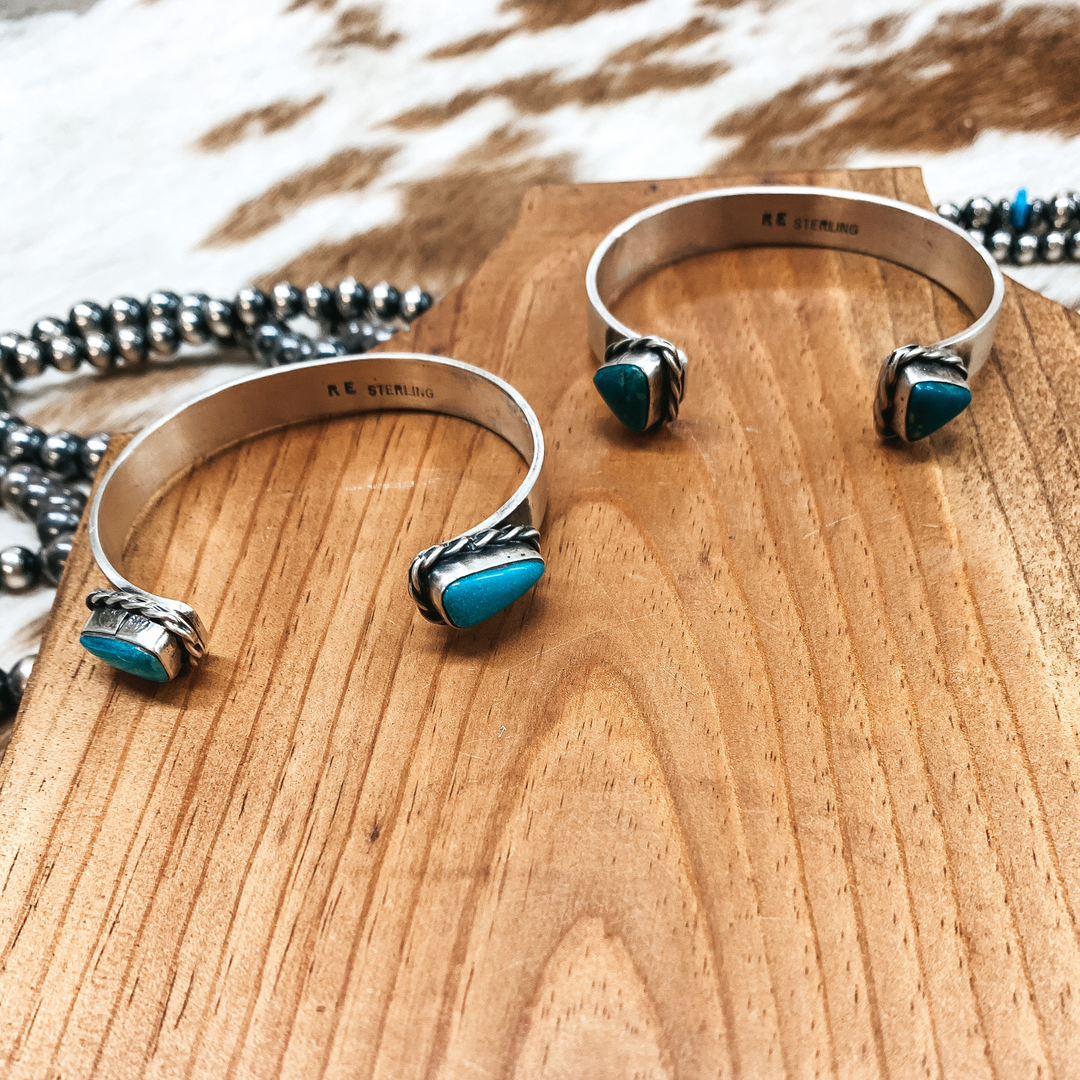 Rick Enricuez | Navajo Handmade Detailed Sterling Silver Cuff with Small Kingman Turquoise Endings - Giddy Up Glamour Boutique