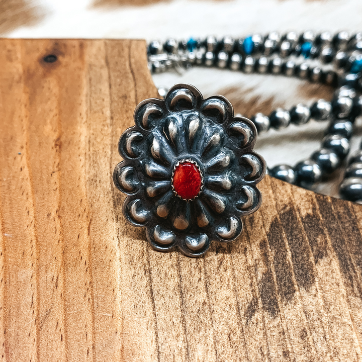 Tim Yazzie | Navajo Handmade Sterling Silver Concho Ring with Red Spiny Oyster Stone - Giddy Up Glamour Boutique