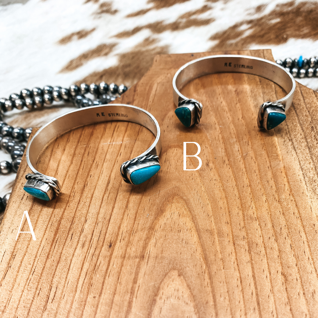 Rick Enricuez | Navajo Handmade Detailed Sterling Silver Cuff with Small Kingman Turquoise Endings - Giddy Up Glamour Boutique