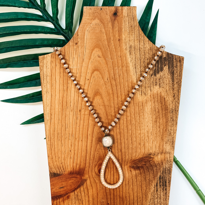 Pink Panache | Caramel Crystal Beaded Necklace with Candy Ivory Beaded Teardrop on Cream Cushion Cut Crystal - Giddy Up Glamour Boutique