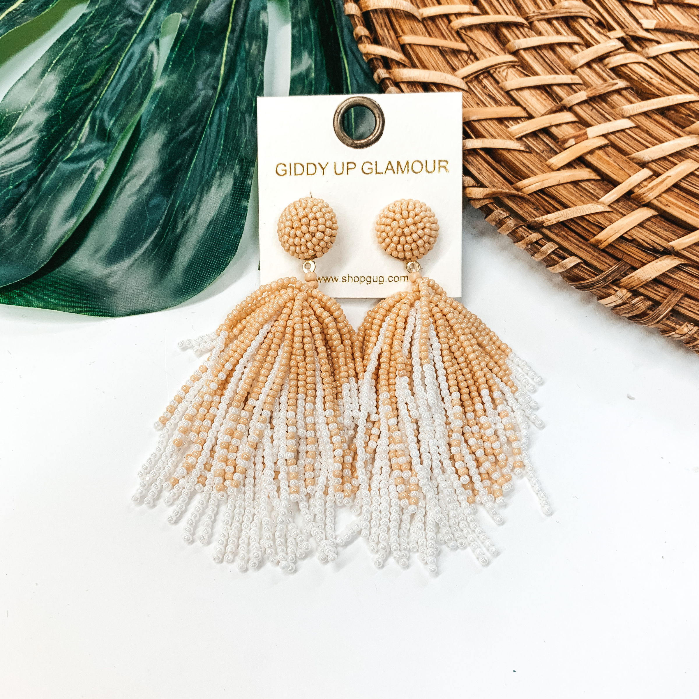 Seed Bead Tassel Earrings In White and Tan - Giddy Up Glamour Boutique
