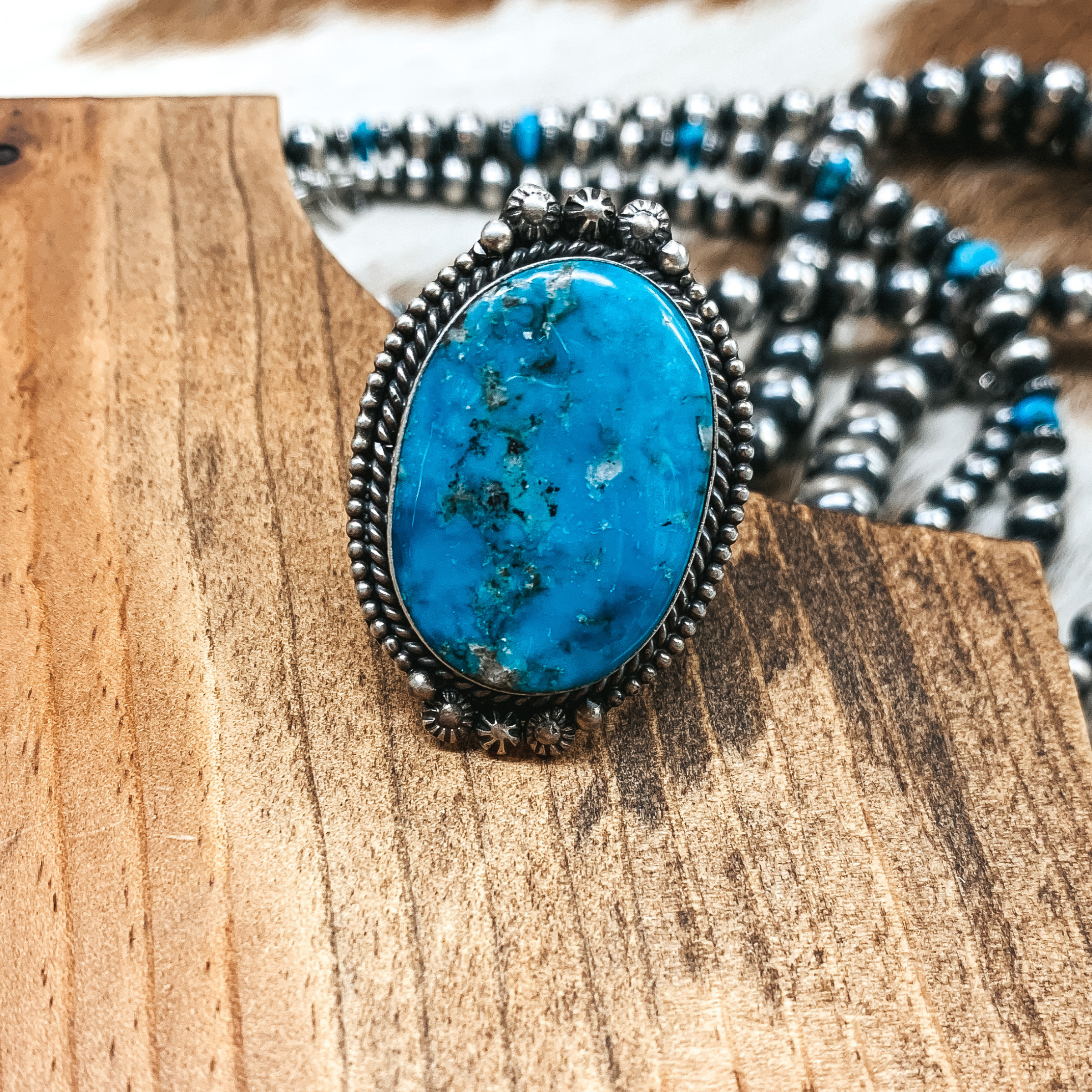 Scott Skeets | Navajo Handmade Sterling Silver and Kingman Turquoise Oval Ring | Size 6.5 - Giddy Up Glamour Boutique