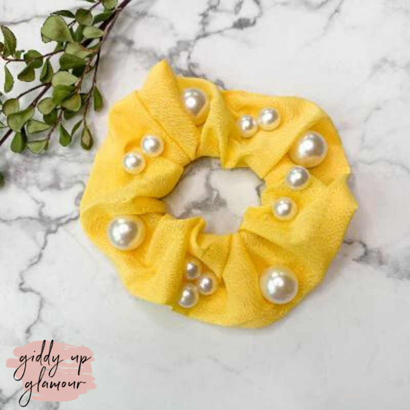 Buy 3 for $10 | Uptown Flare Large Pearl Embroidered Hair Scrunchie in Yellow - Giddy Up Glamour Boutique