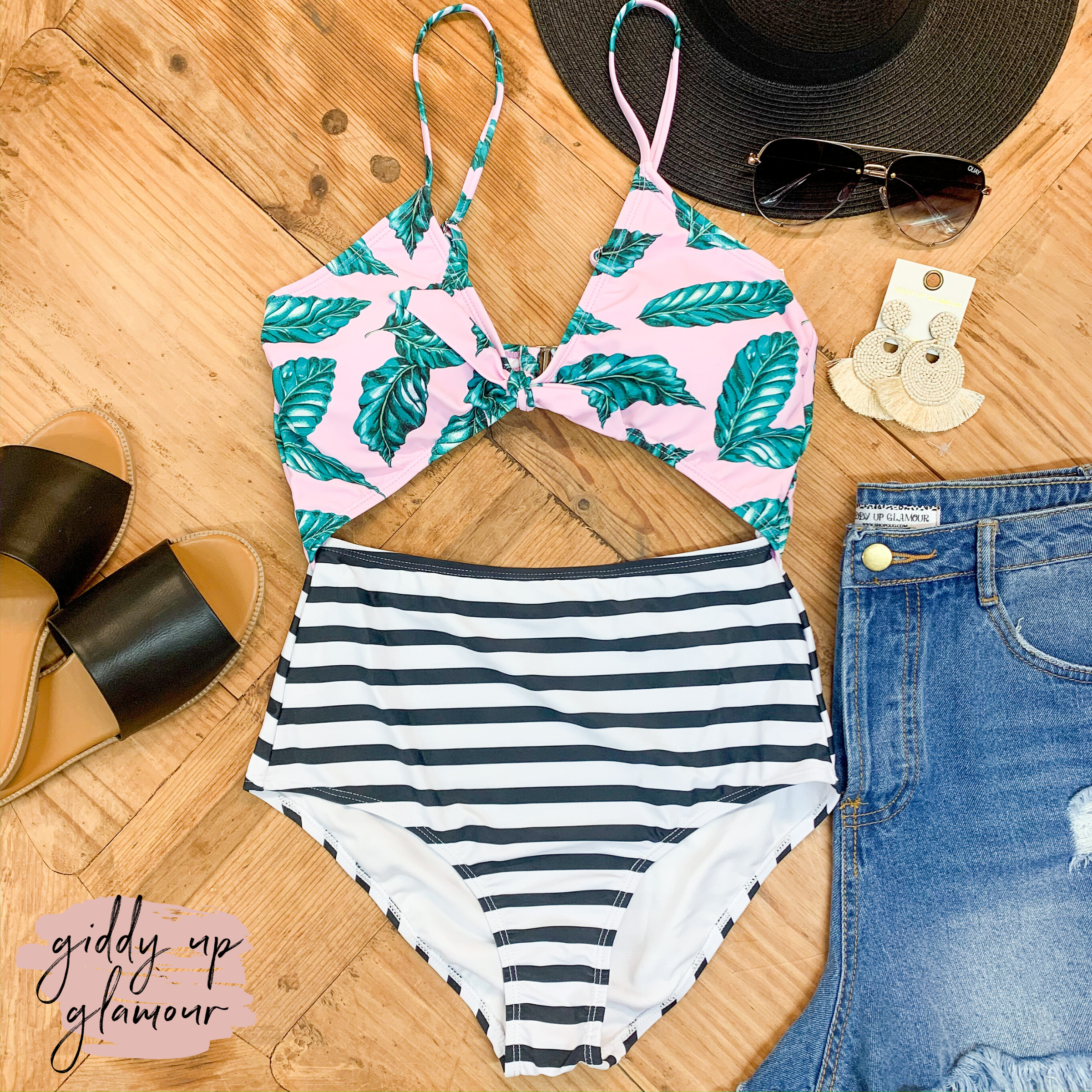 High Tide Open Front and Back One Piece Swimsuit in Palm Leaves and Stripes - Giddy Up Glamour Boutique