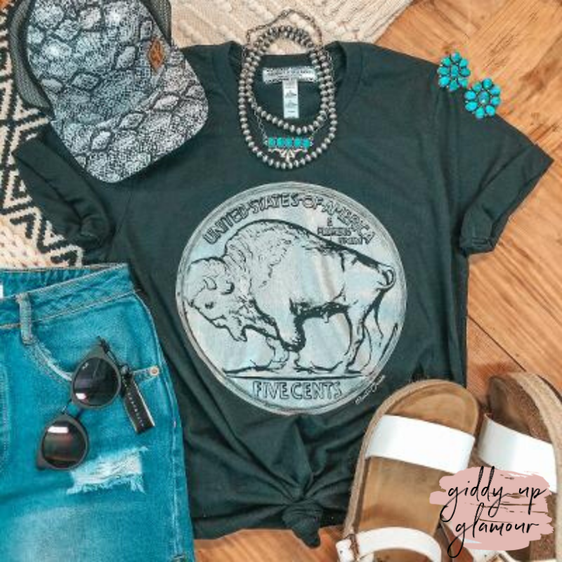 Free to Wander Buffalo Nickle Western Graphic Tee in Black - Giddy Up Glamour Boutique